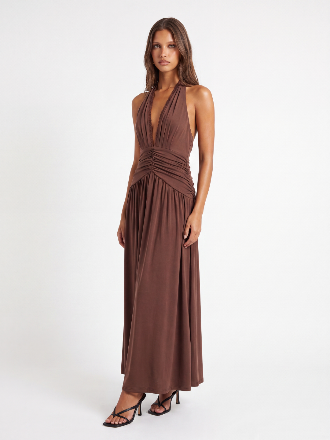 TIFFANY Women's Halterneck Ruched Maxi Dress with Plunge Neckline