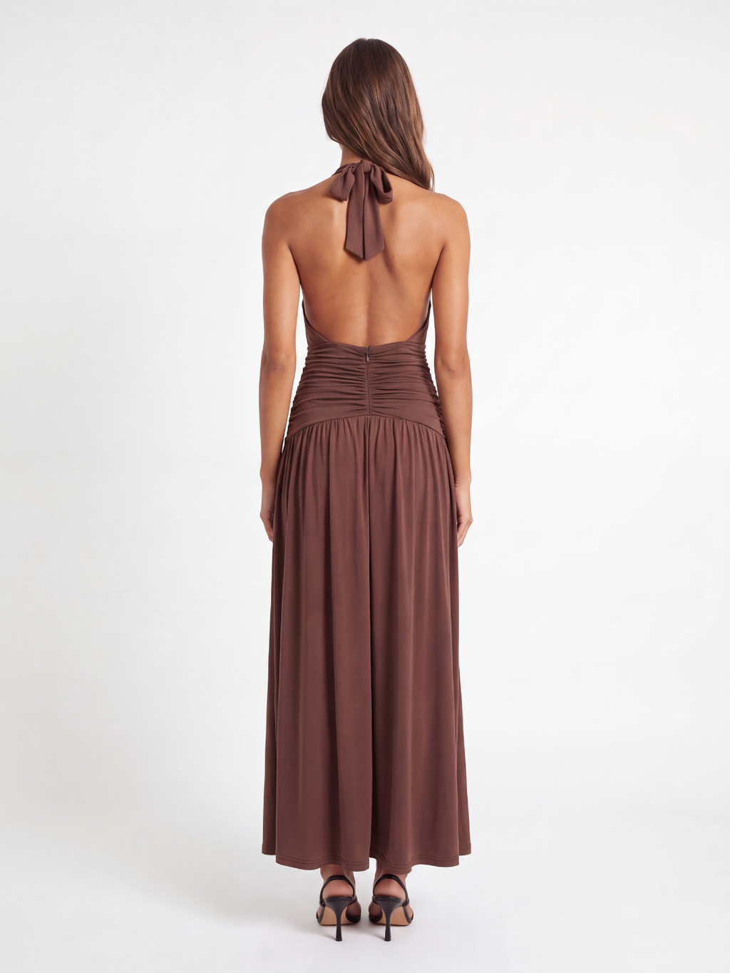 TIFFANY Women's Halterneck Ruched Maxi Dress with Plunge Neckline