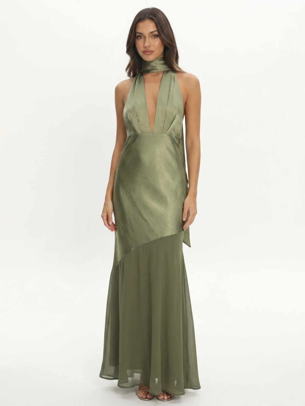 NADIA Women's Plunge Halterneck Backless Satin Maxi Gown