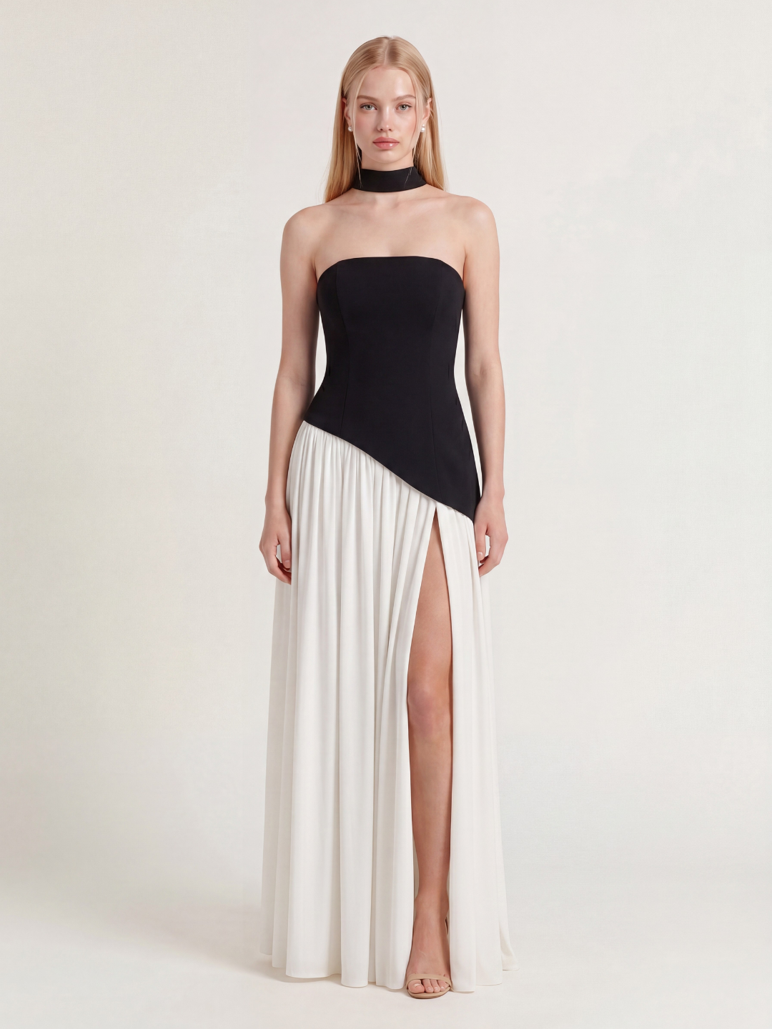 ISADORA Women's Strapless Asymmetric Contrast Maxi Dress with Choker