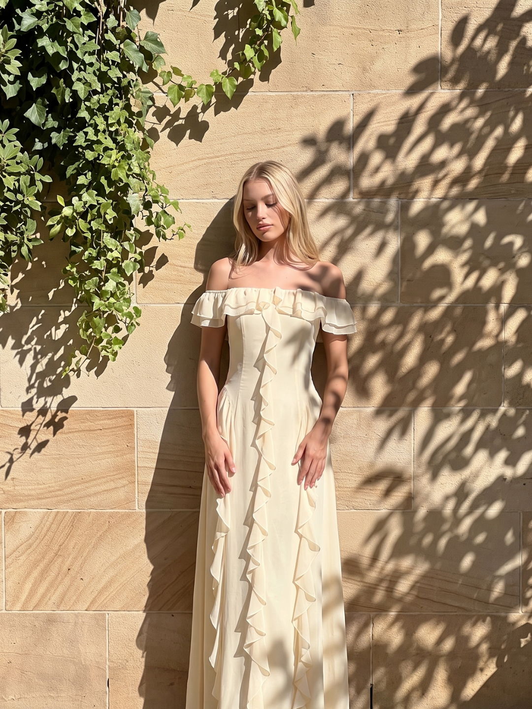 YUKI Women's Off-Shoulder Ruffle Trim Maxi Dress