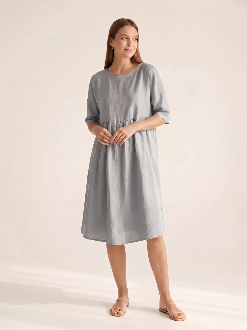 JULIETTE Women's Three-Quarter Sleeve Linen A-Line Midi Dress with Pockets