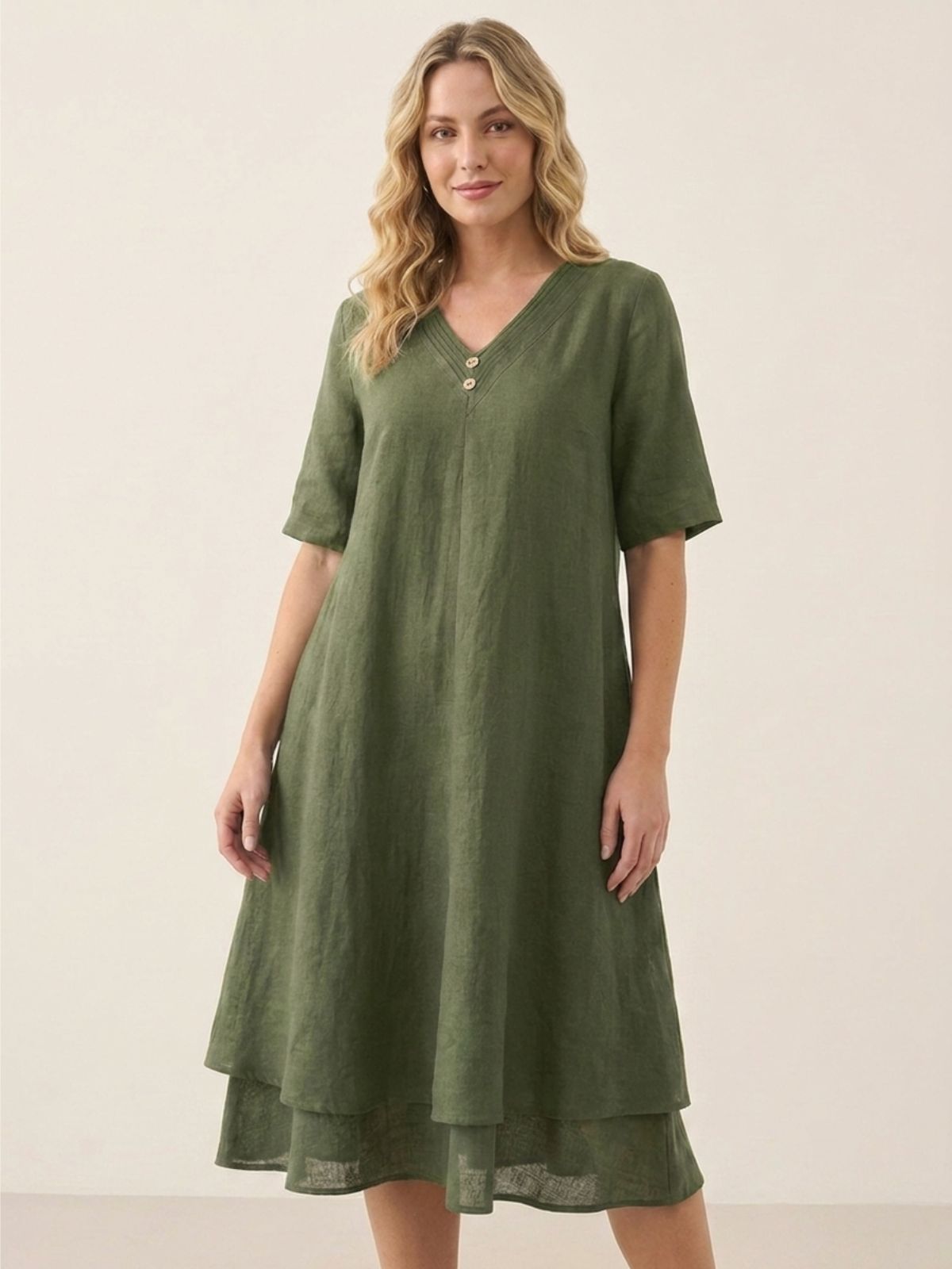 JADE Women's Short Sleeve Linen Midi Dress with Double Layer Hem