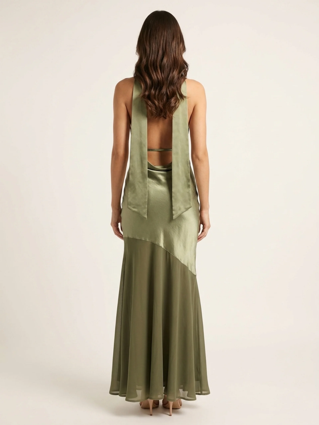 NADIA Women's Plunge Halterneck Backless Satin Maxi Gown