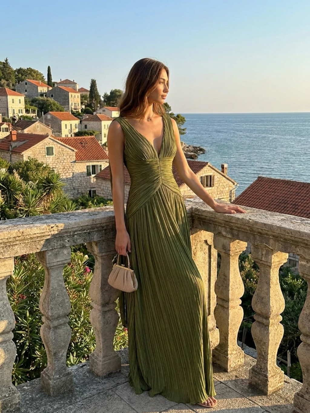 KENNEDY Women's Pleated V-Neck Maxi Dress with High Slit