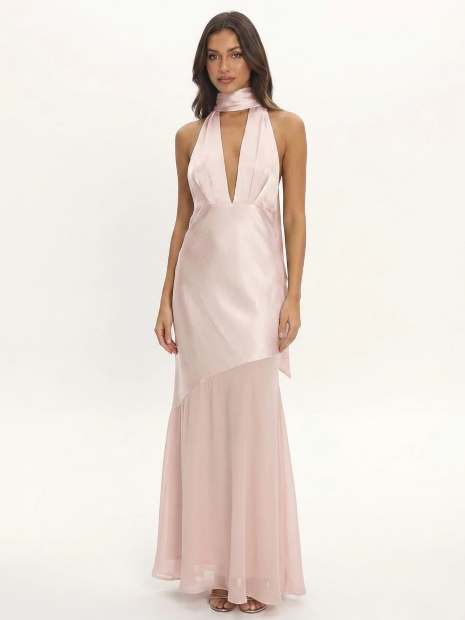 NADIA Women's Plunge Halterneck Backless Satin Maxi Gown