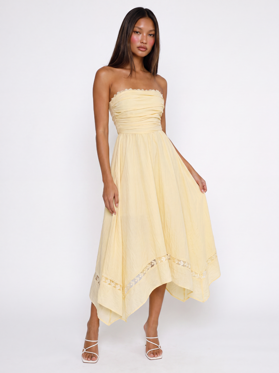 JENNA Women's Strapless Asymmetric Midi Dress with Lace Trim