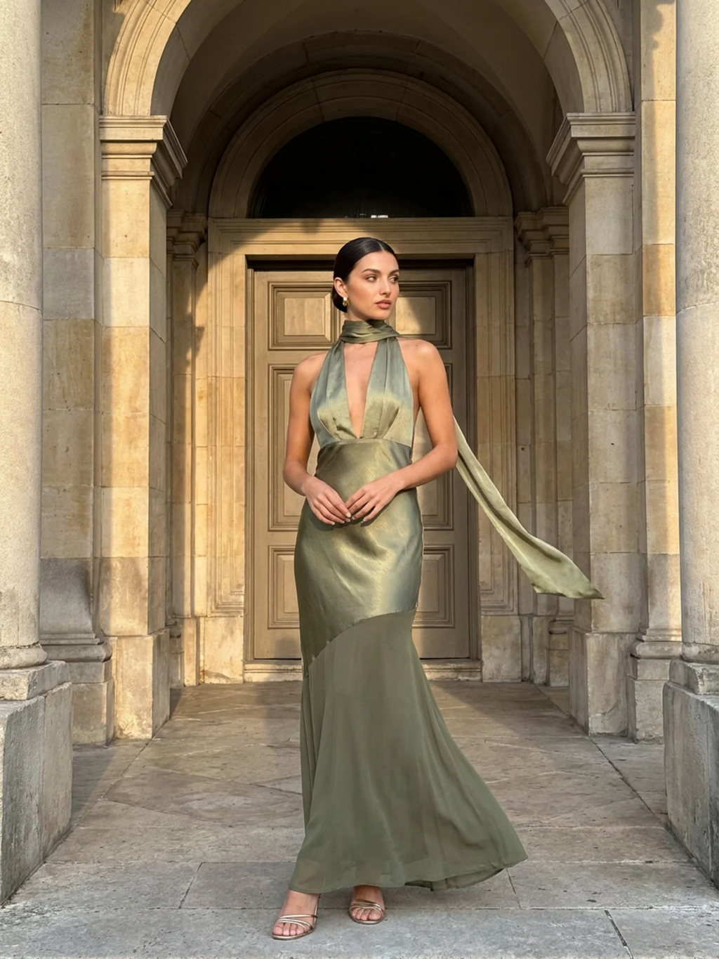 NADIA Women's Plunge Halterneck Backless Satin Maxi Gown