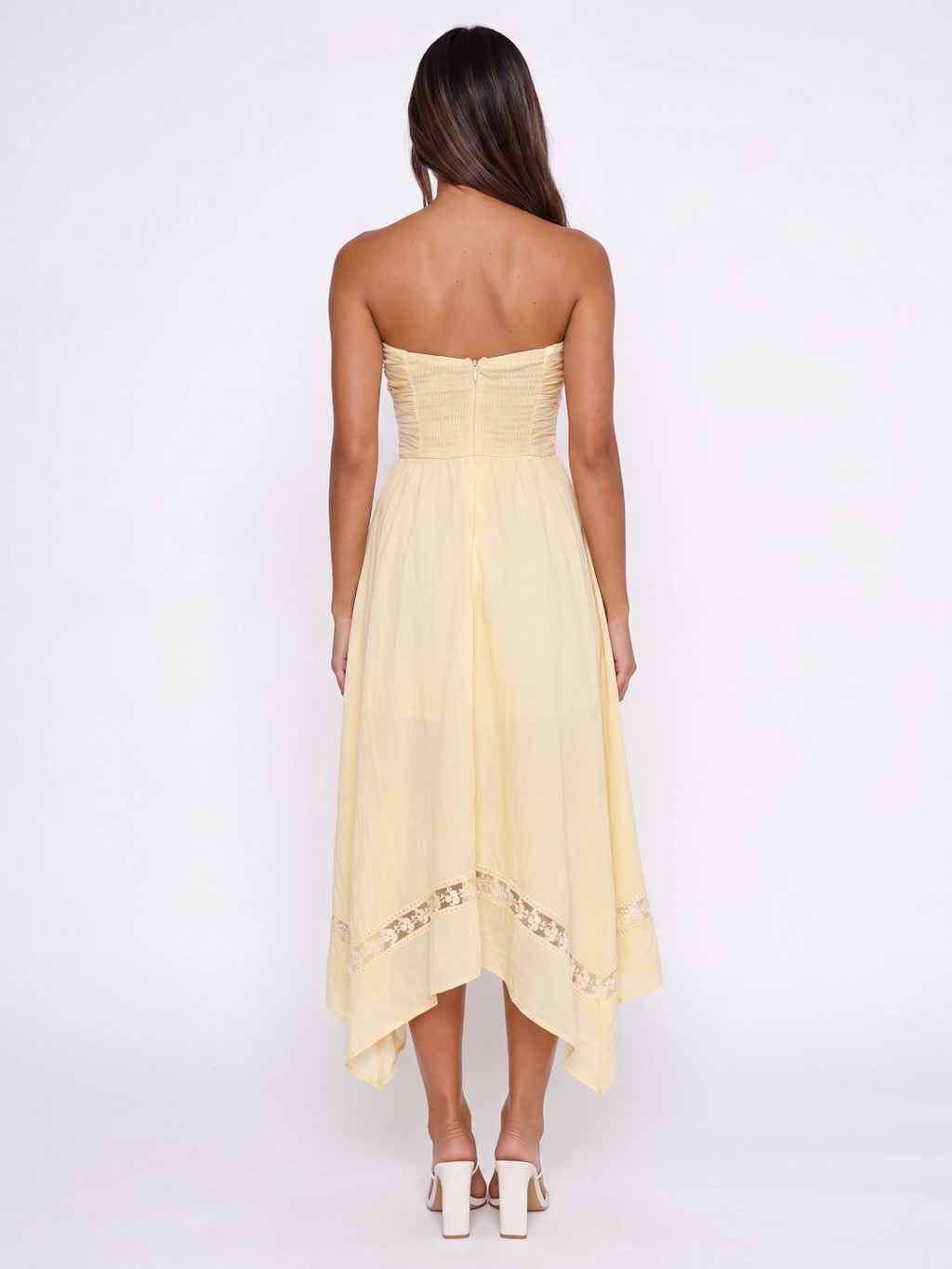 JENNA Women's Strapless Asymmetric Midi Dress with Lace Trim