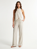MAGDALENA Women's Striped Cotton-Linen Halter Top & Wide-Leg Pants Set