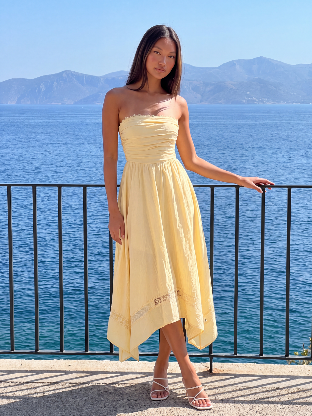 JENNA Women's Strapless Asymmetric Midi Dress with Lace Trim