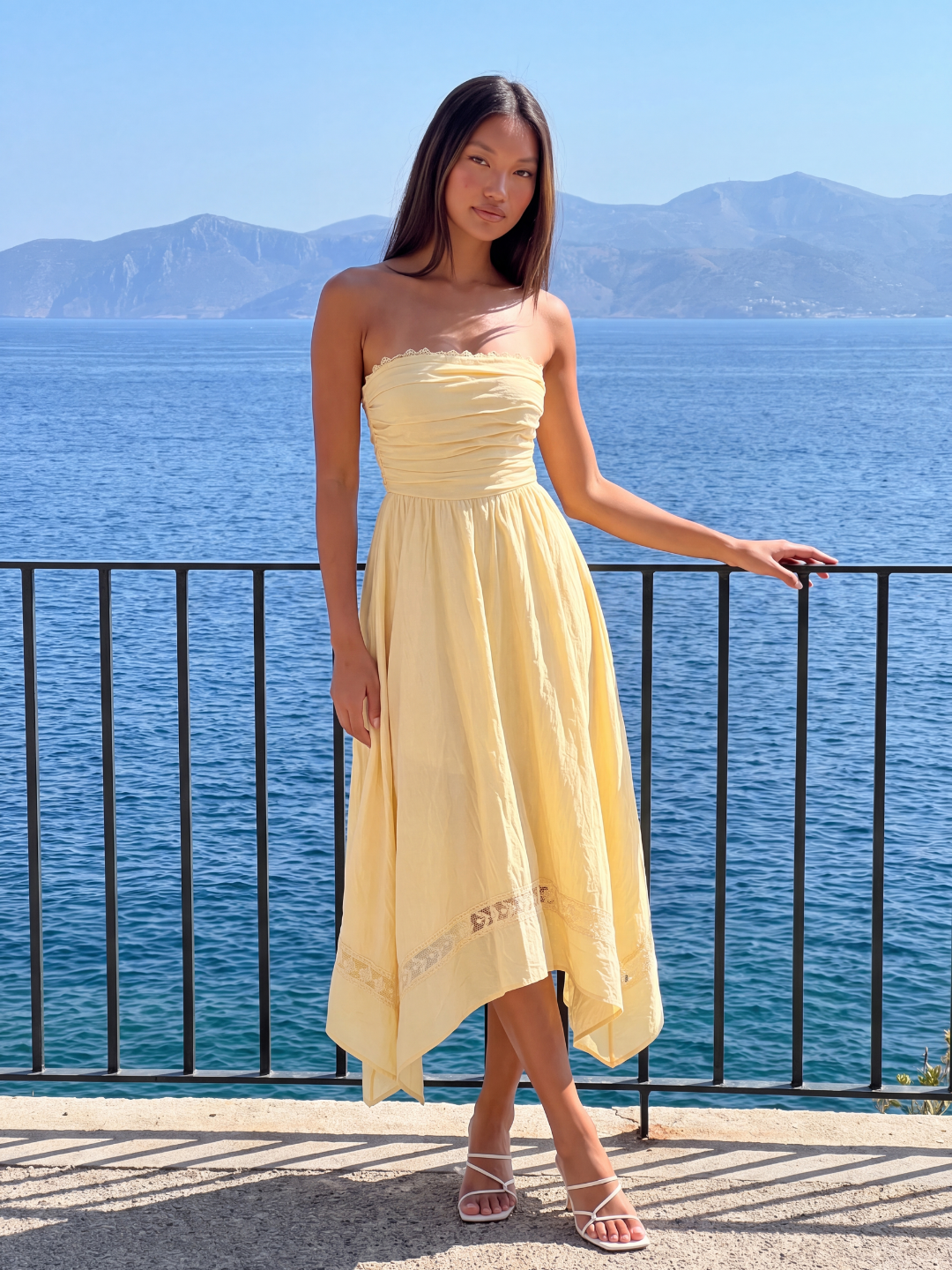 JENNA Women's Strapless Asymmetric Midi Dress with Lace Trim