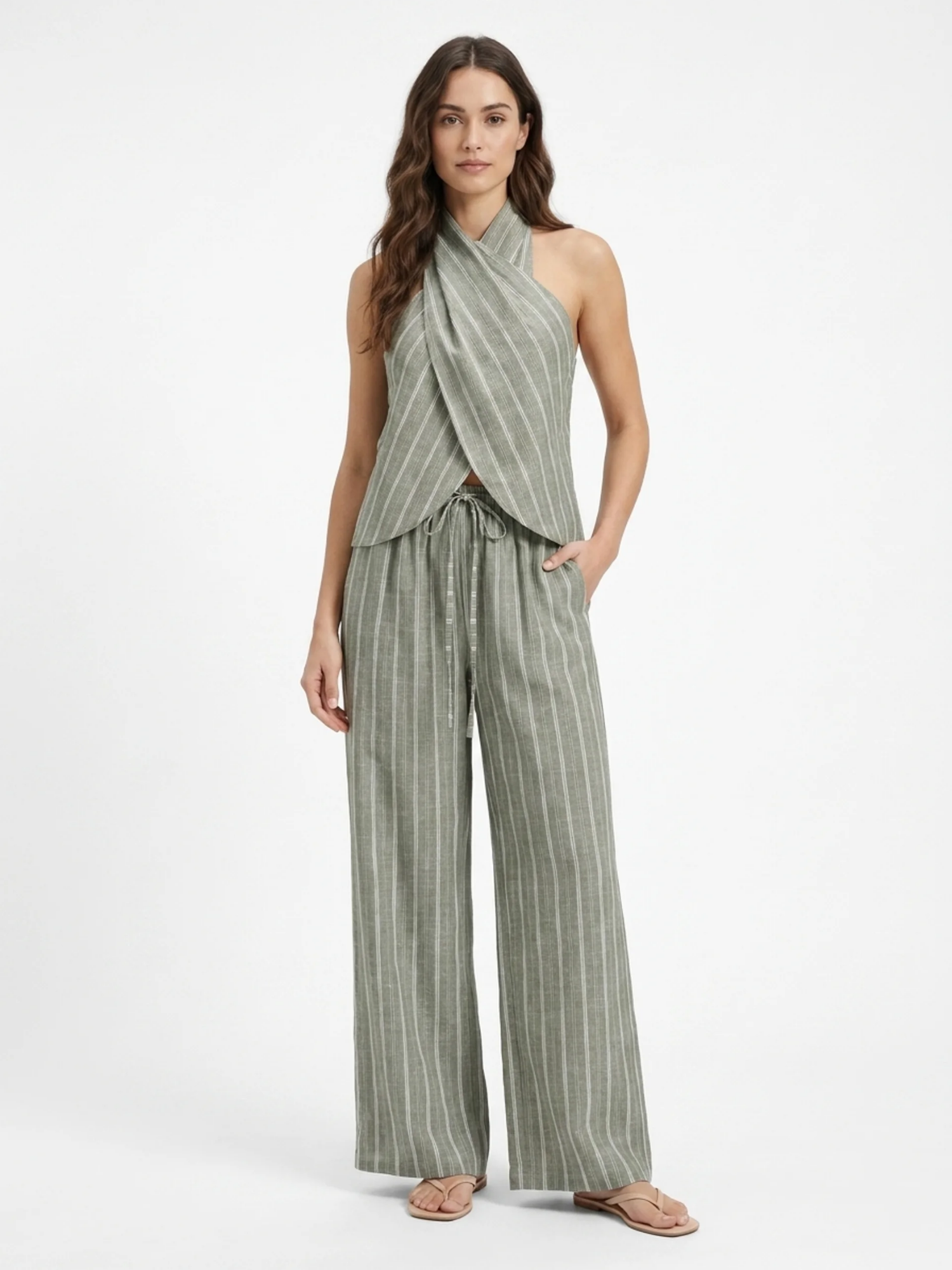 MAGDALENA Women's Striped Cotton-Linen Halter Top & Wide-Leg Pants Set