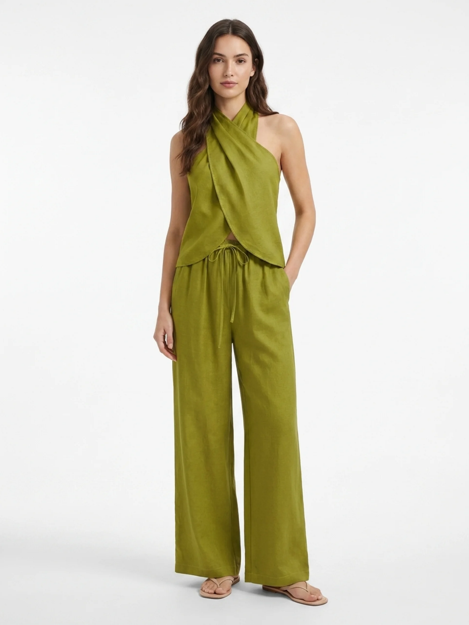 MAGDALENA Women's Striped Cotton-Linen Halter Top & Wide-Leg Pants Set