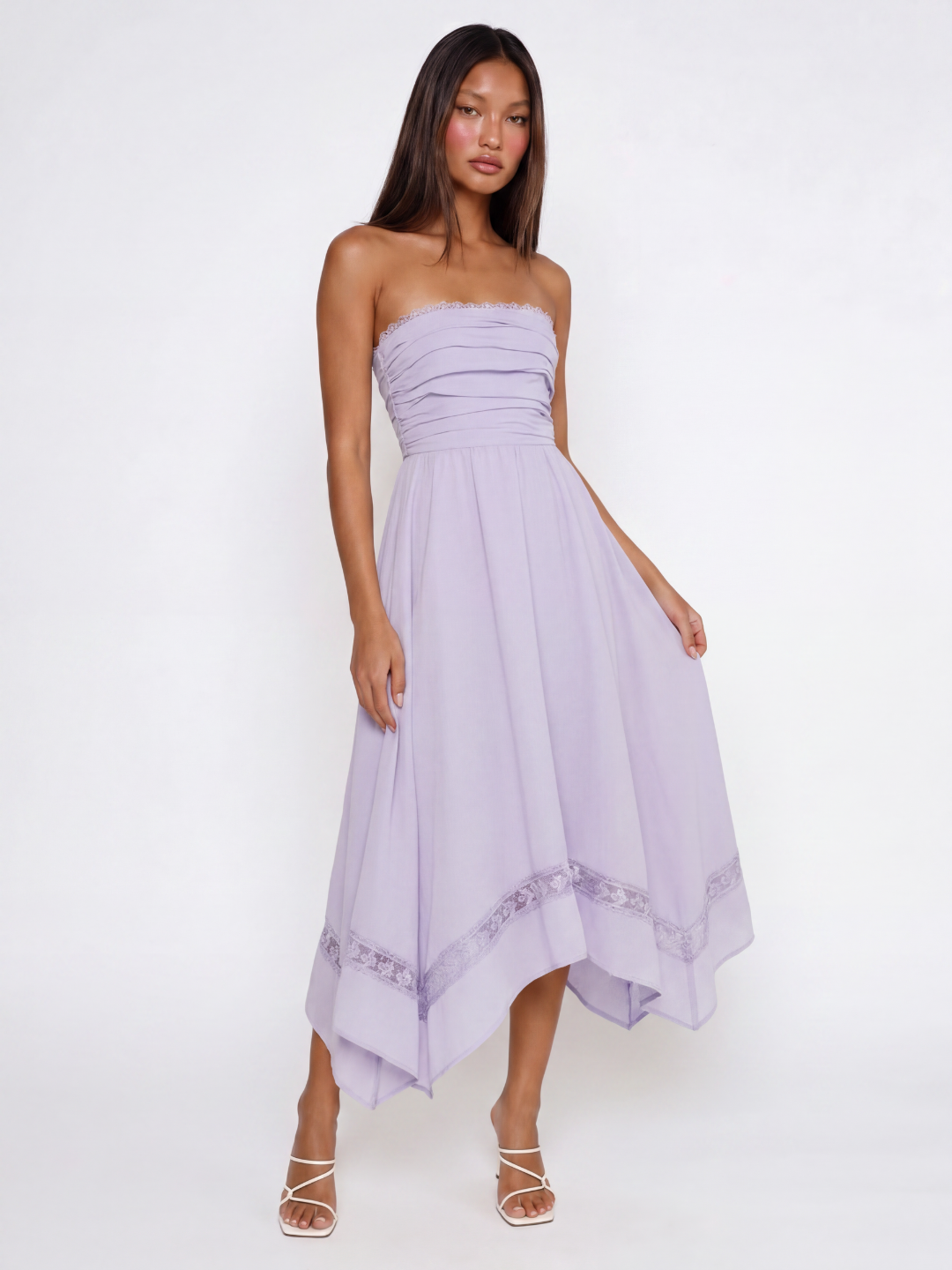 JENNA Women's Strapless Asymmetric Midi Dress with Lace Trim