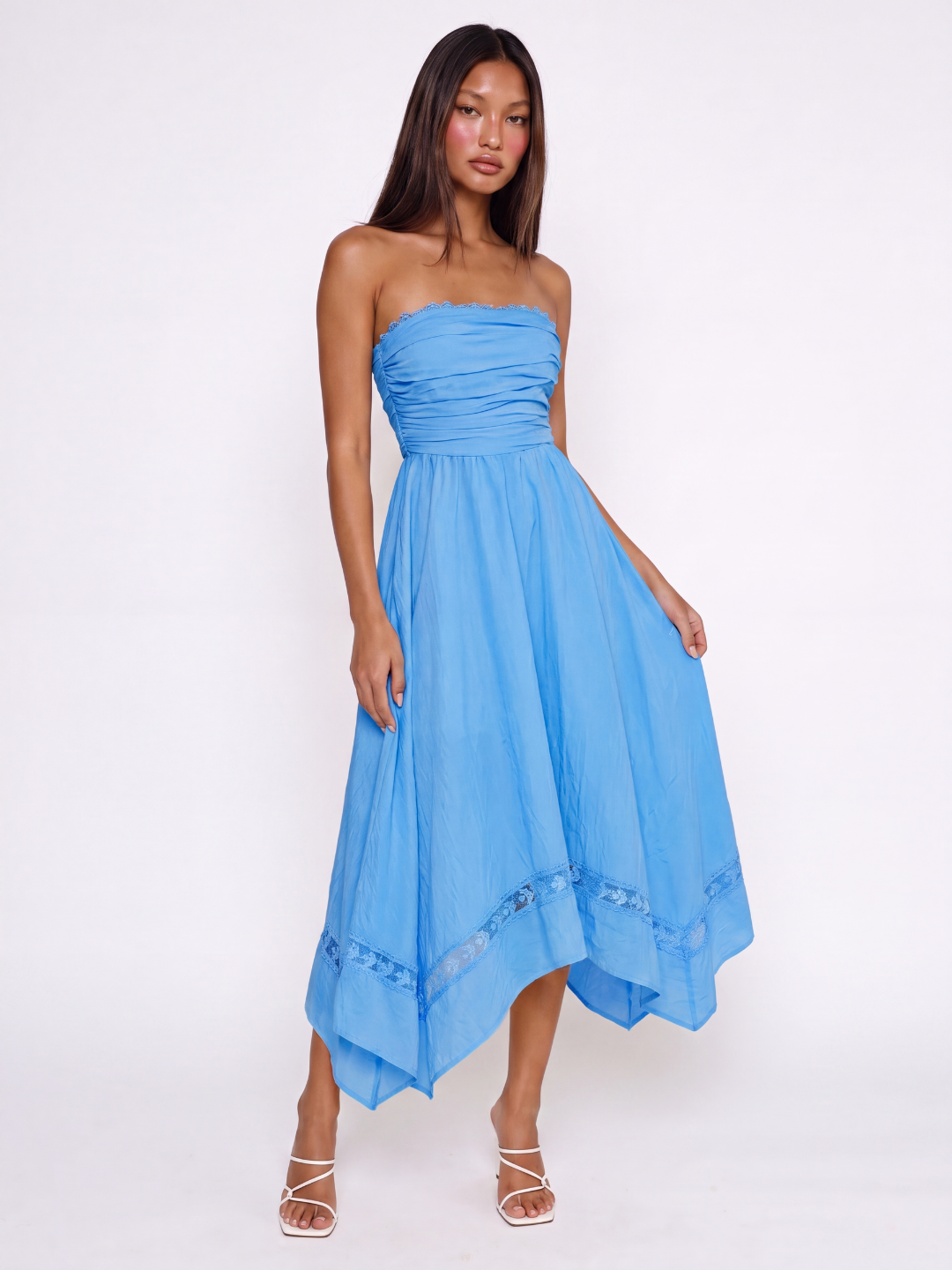 JENNA Women's Strapless Asymmetric Midi Dress with Lace Trim