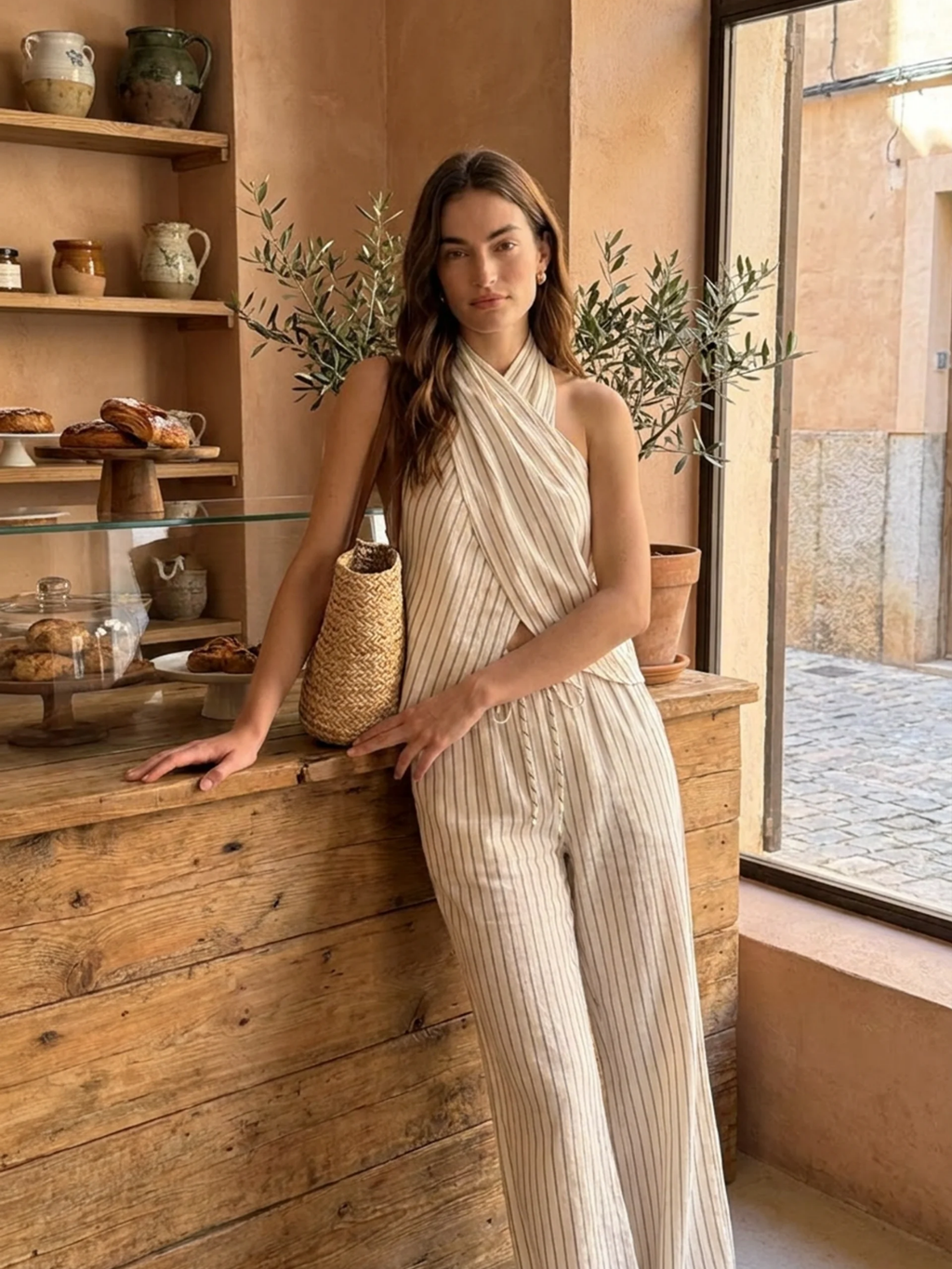 MAGDALENA Women's Striped Cotton-Linen Halter Top & Wide-Leg Pants Set