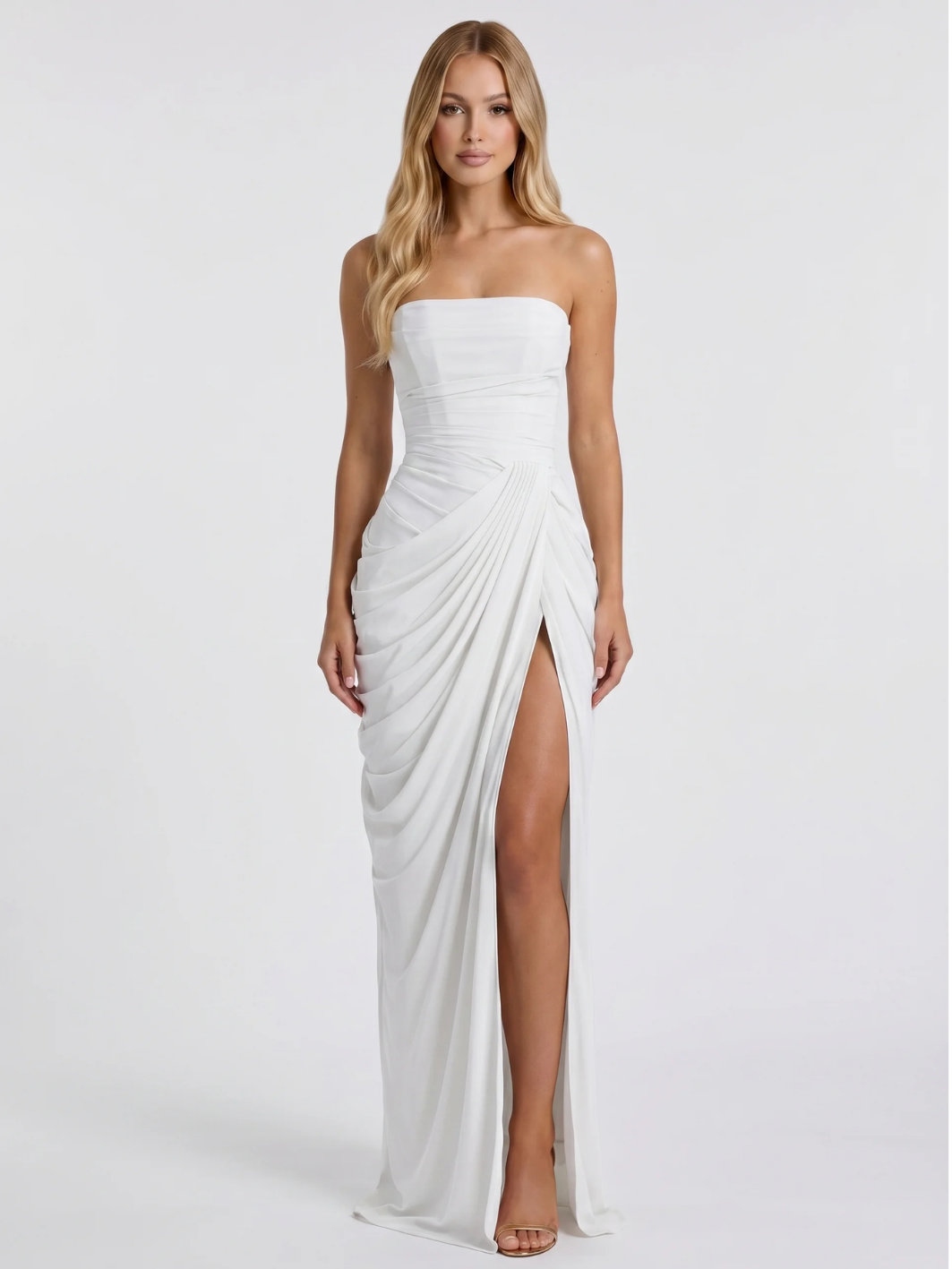 SERIGUILLA Women's Strapless Ruched Draped-Skirt Maxi Dress with Front Slit