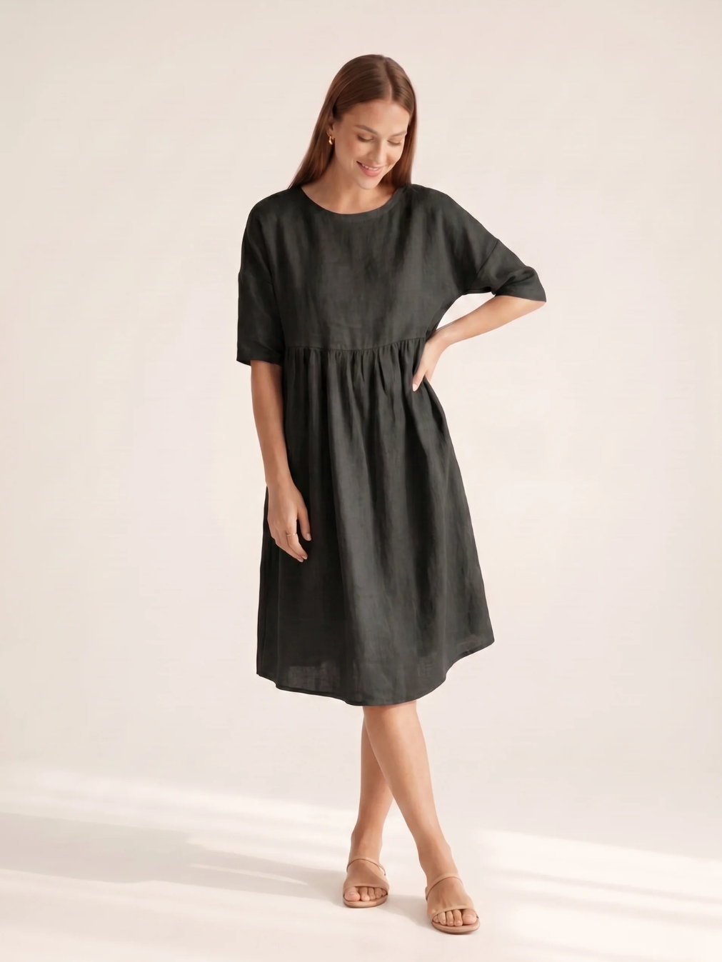 JULIETTE Women's Three-Quarter Sleeve Linen A-Line Midi Dress with Pockets