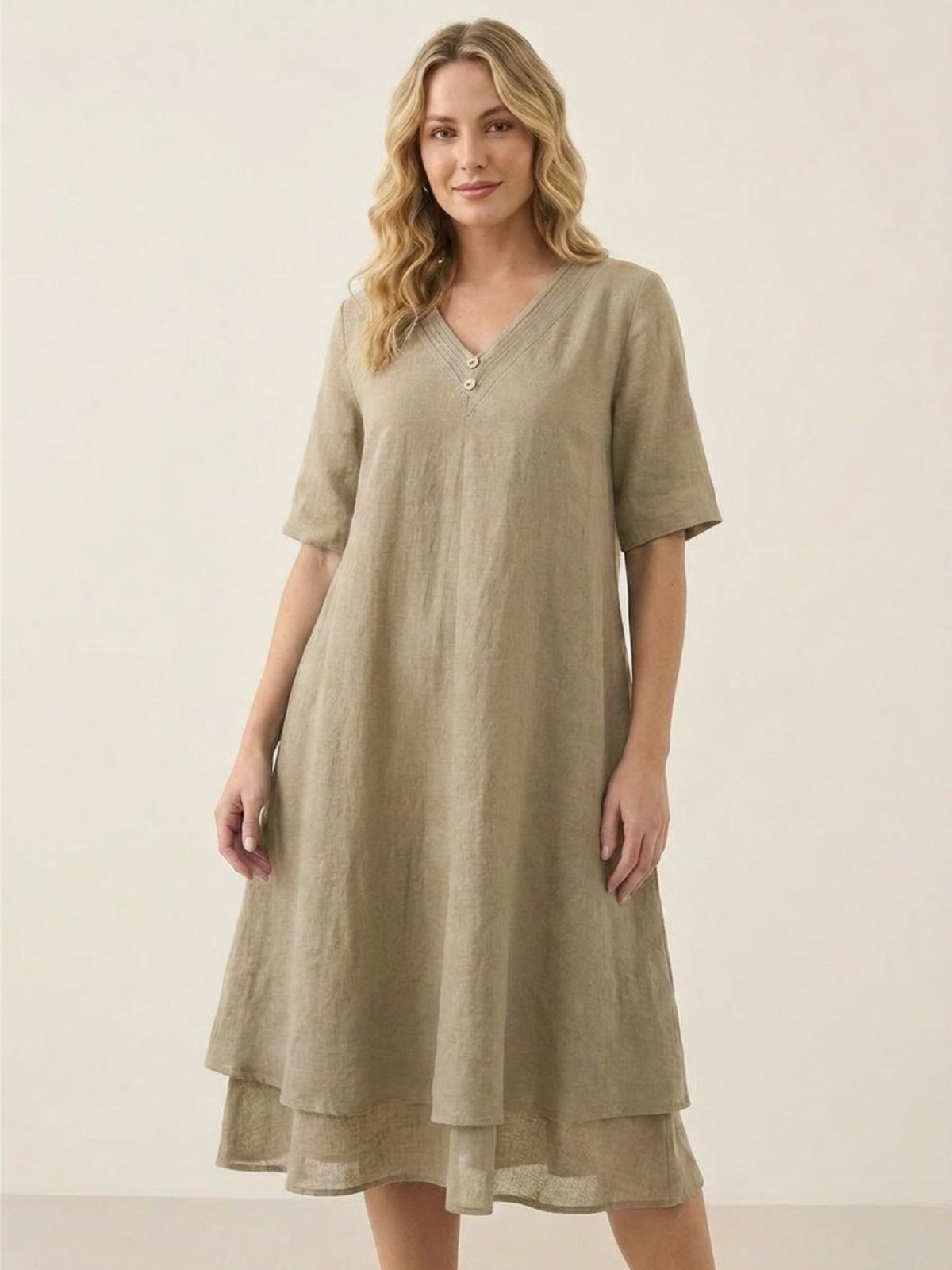 JADE Women's Short Sleeve Linen Midi Dress with Double Layer Hem