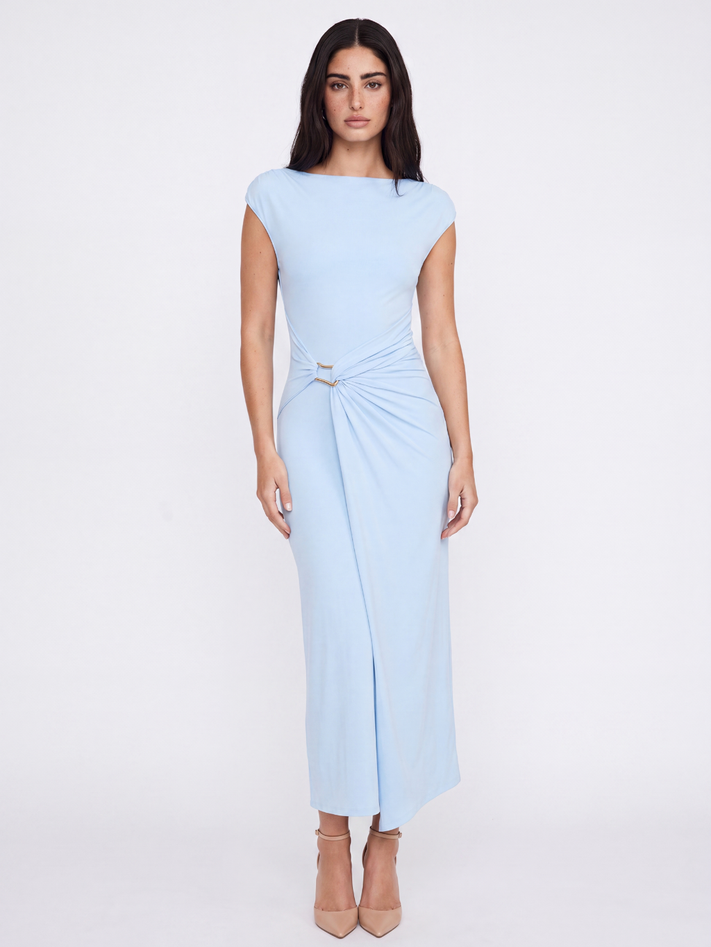 MEGAN Women's Draped Wrap Midi Dress with Gold Detail