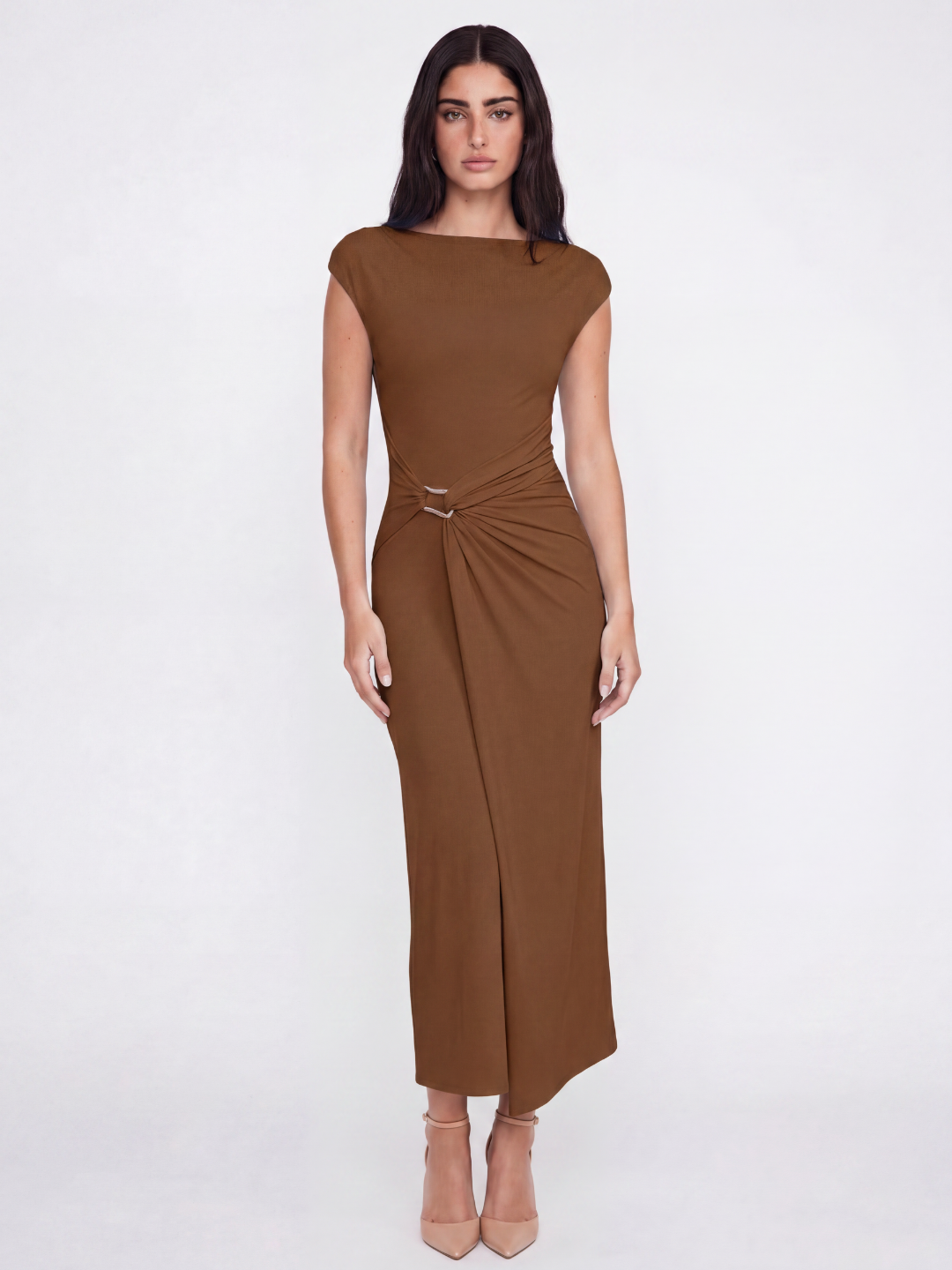 MEGAN Women's Draped Wrap Midi Dress with Gold Detail