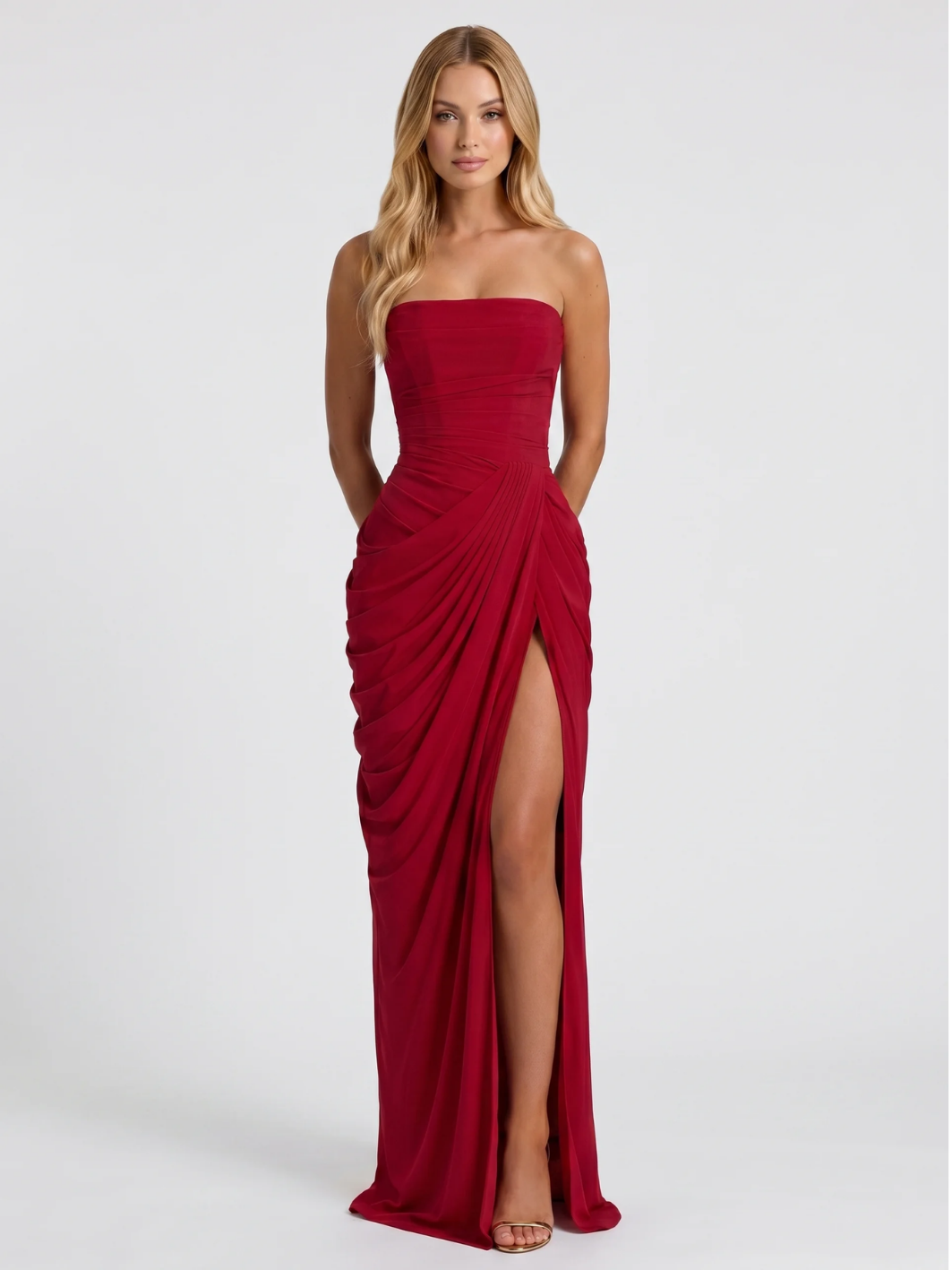 SERIGUILLA Women's Strapless Ruched Draped-Skirt Maxi Dress with Front Slit