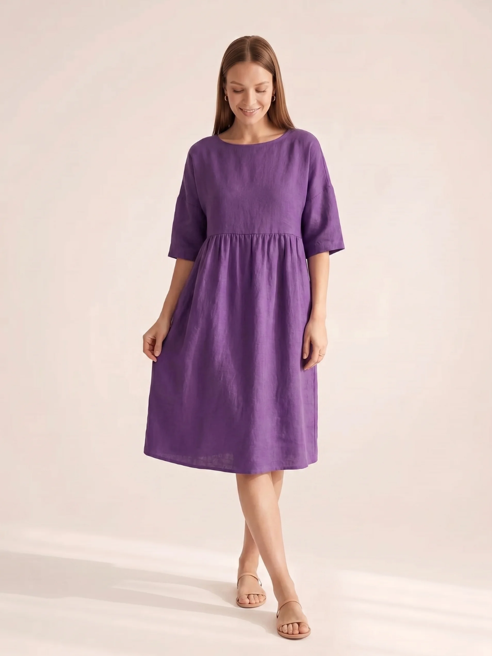 JULIETTE Women's Three-Quarter Sleeve Linen A-Line Midi Dress with Pockets