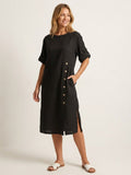 GRACE Women's Linen Midi Dress with Button Detail and Roll-Tab Sleeves