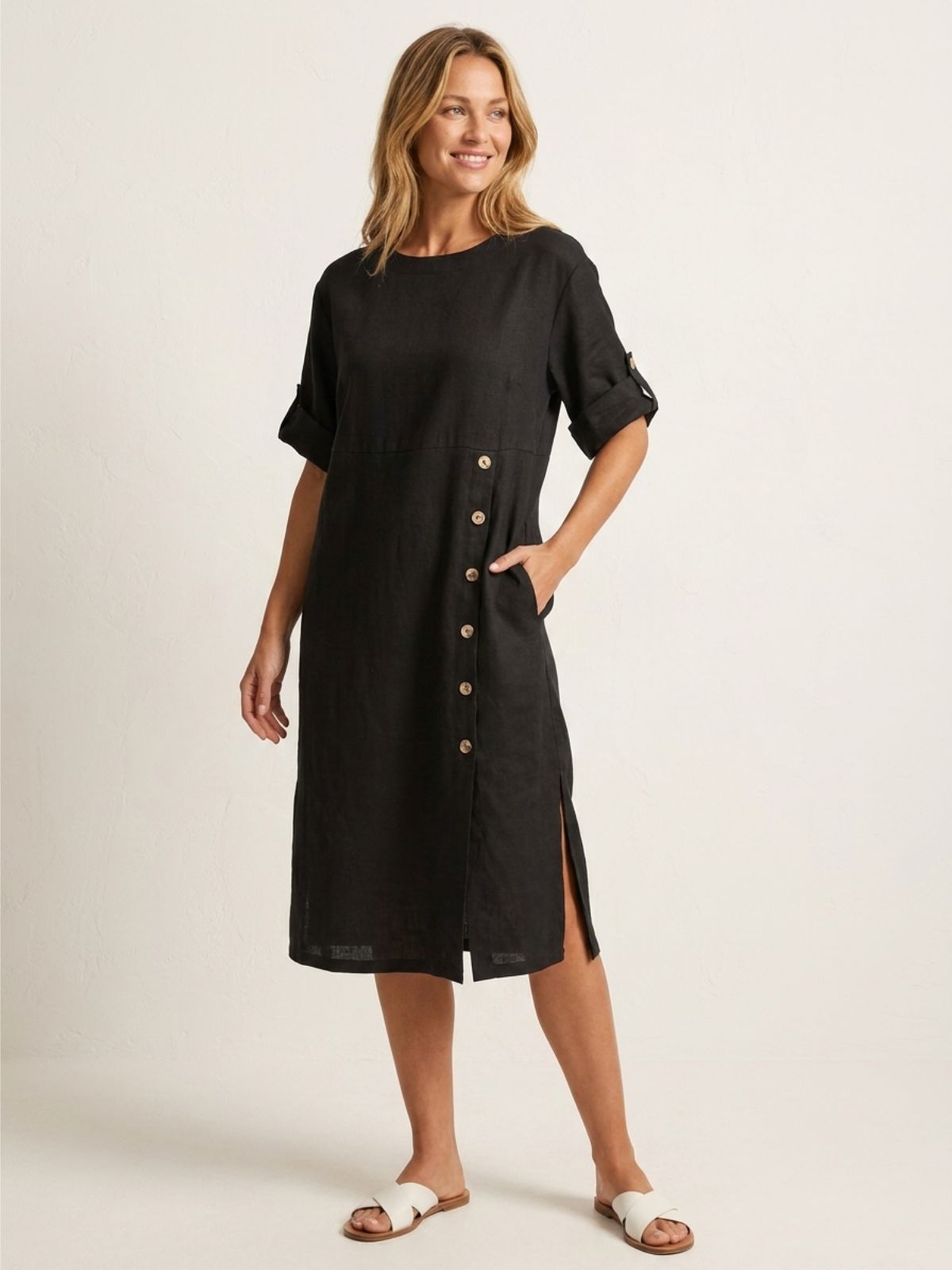 GRACE Women's Linen Midi Dress with Button Detail and Roll-Tab Sleeves