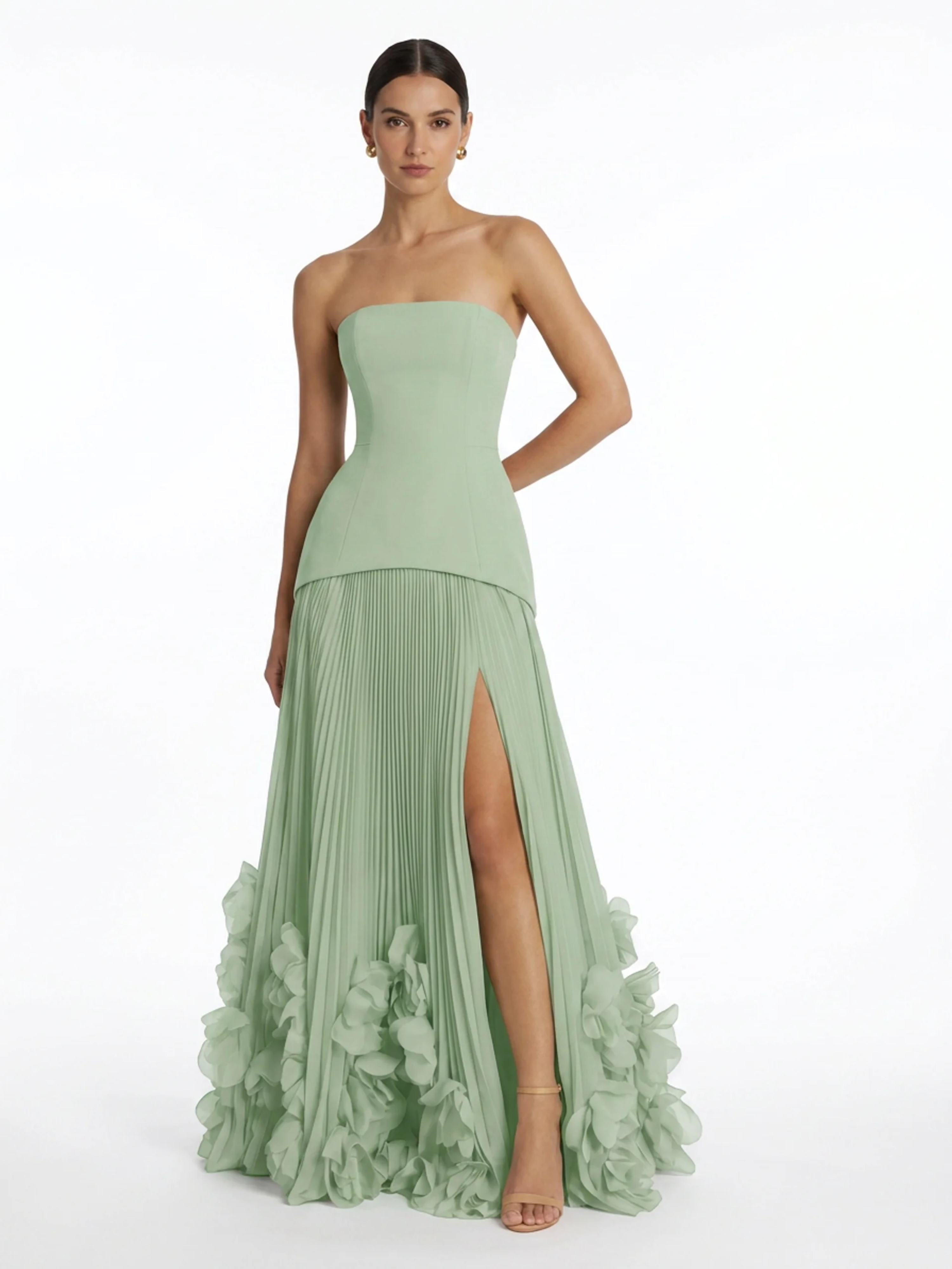 AUBREY Women's Strapless Pleated Maxi Dress with 3D Floral Hem