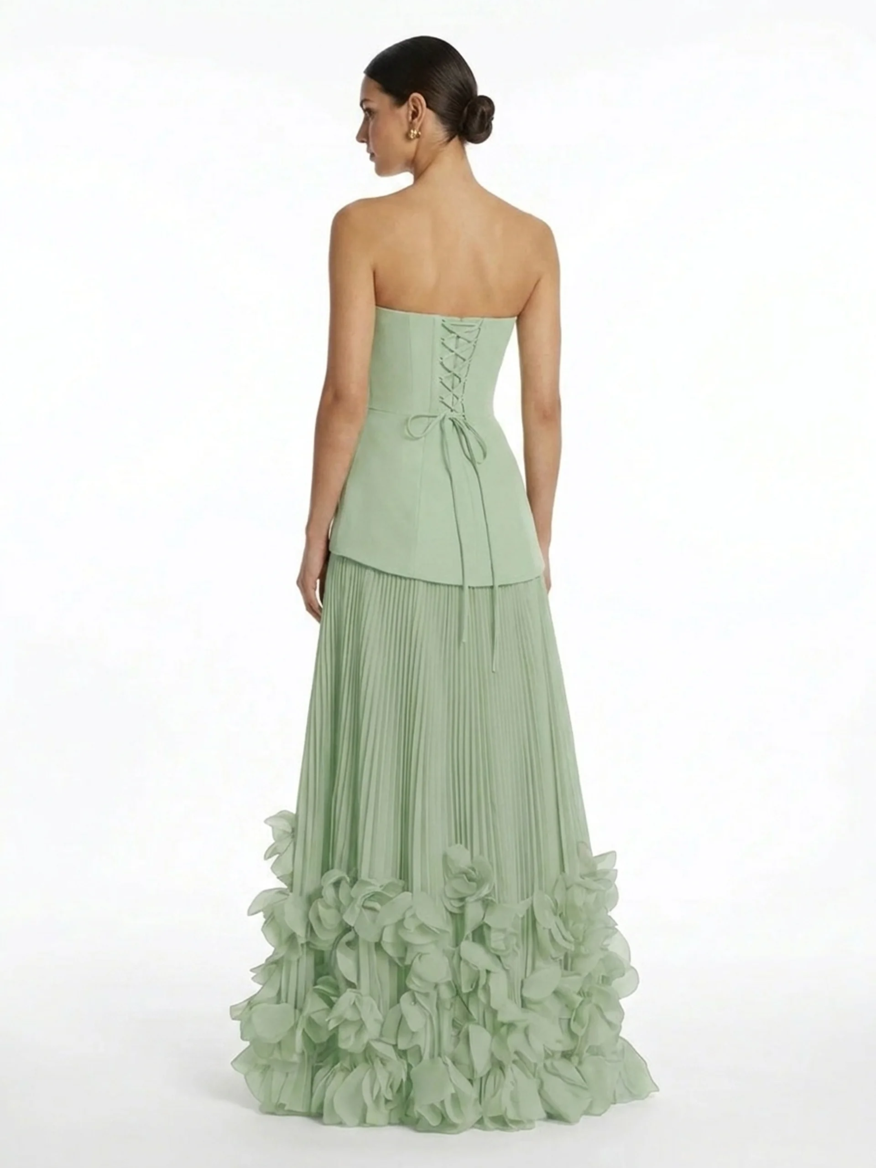 AUBREY Women's Strapless Pleated Maxi Dress with 3D Floral Hem