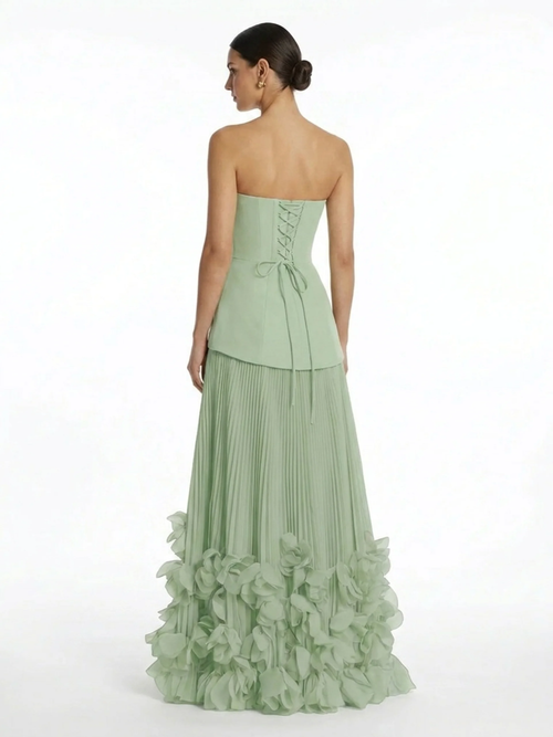 AUBREY Women's Strapless Pleated Maxi Dress with 3D Floral Hem