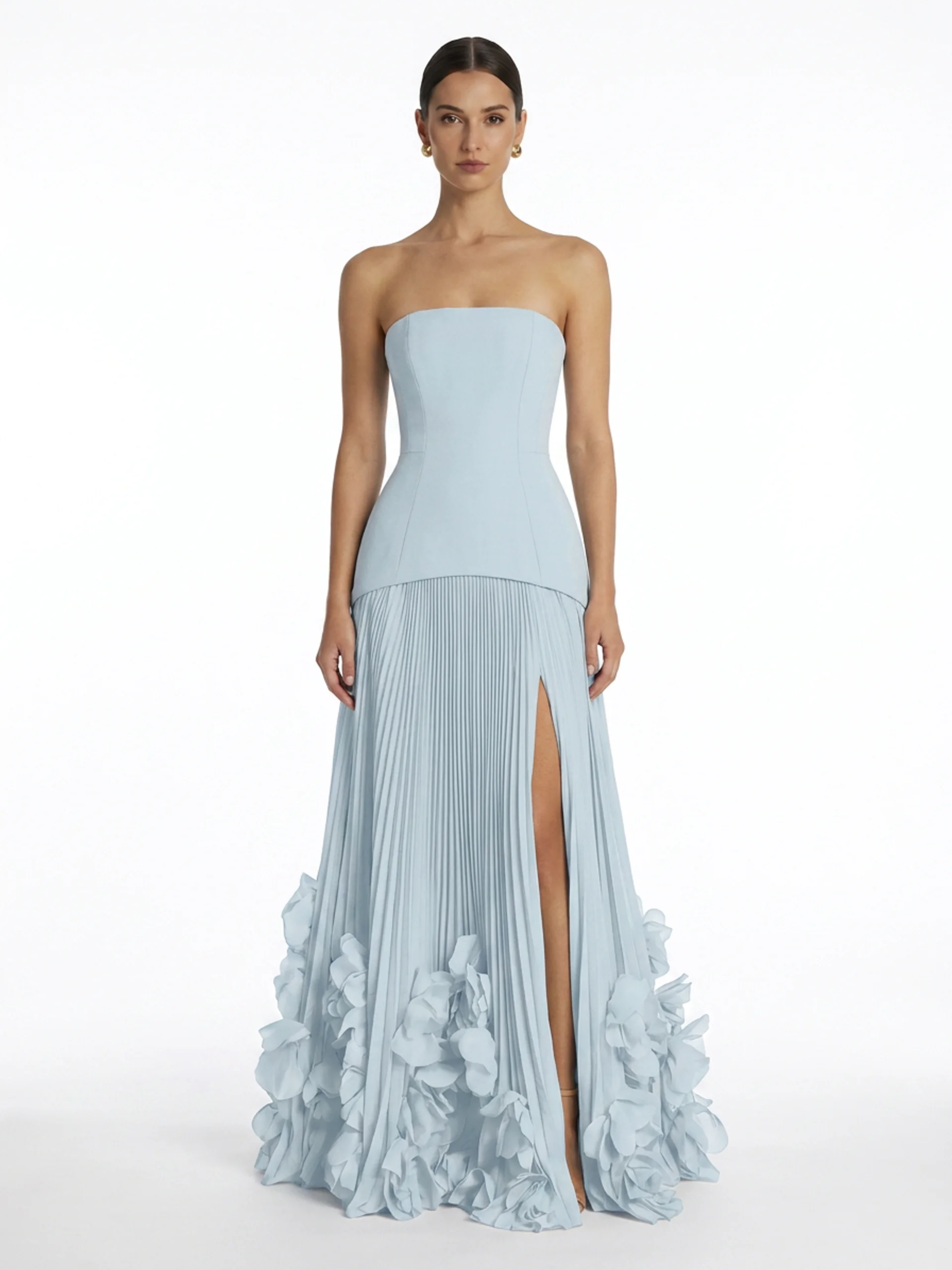 AUBREY Women's Strapless Pleated Maxi Dress with 3D Floral Hem