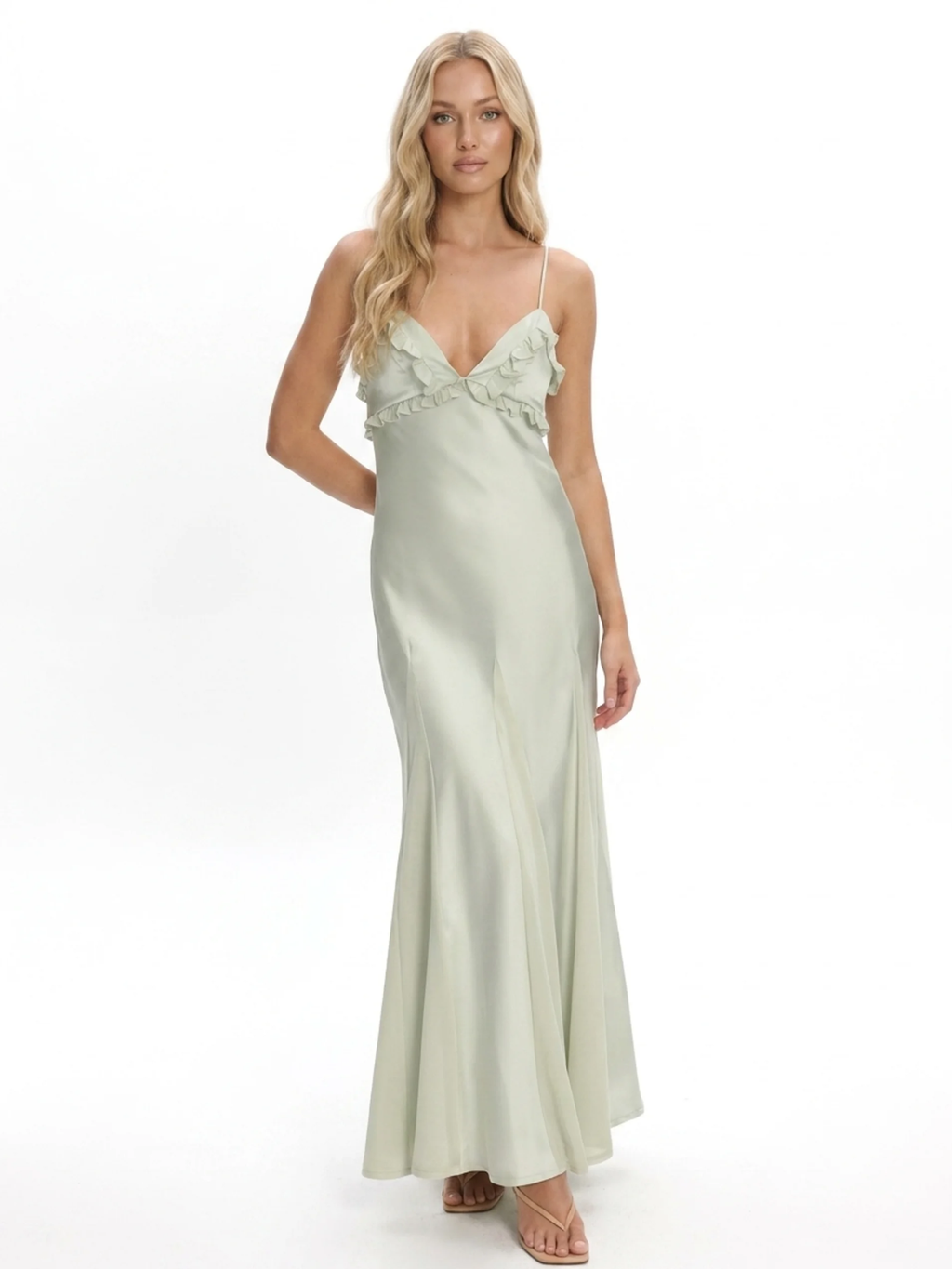 ASTRID Women's Frill-Trim V-Neck Godet Maxi Slip Dress