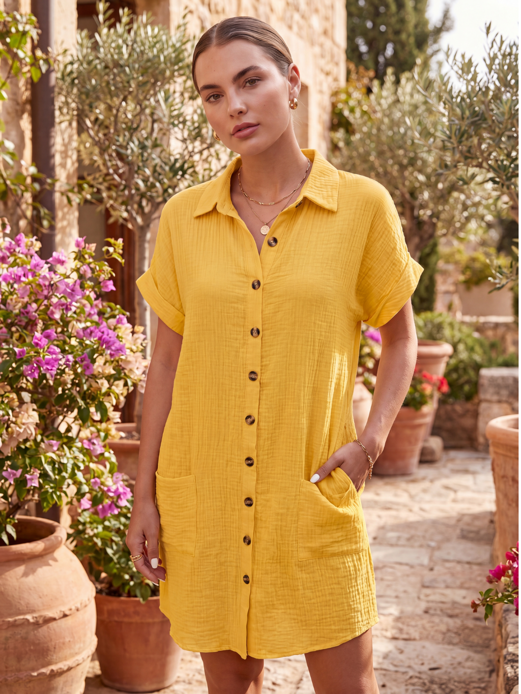 MAEVE Women's Short-Sleeve Linen Button-Down Shirt Dress with Pockets