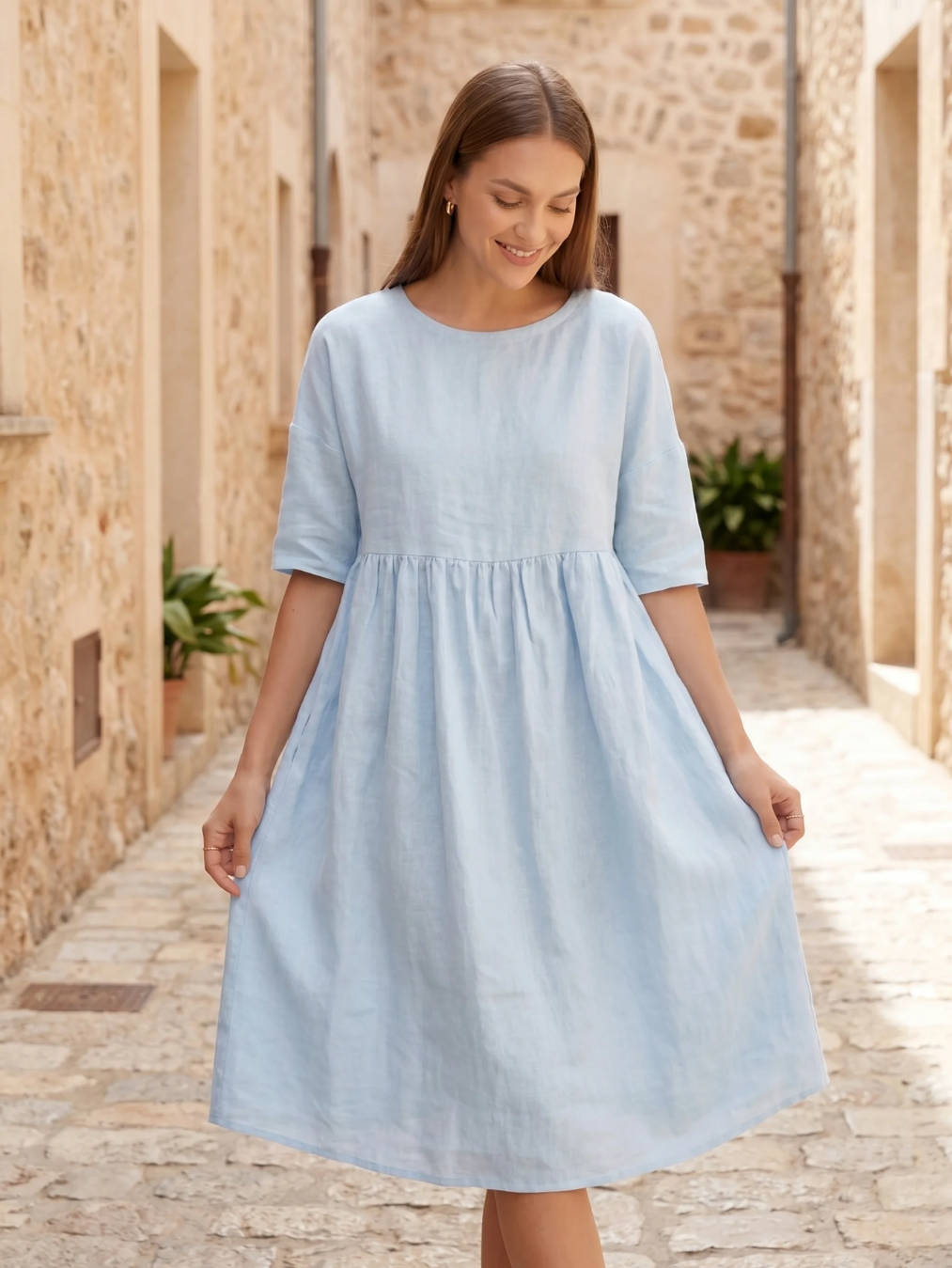 JULIETTE Women's Three-Quarter Sleeve Linen A-Line Midi Dress with Pockets
