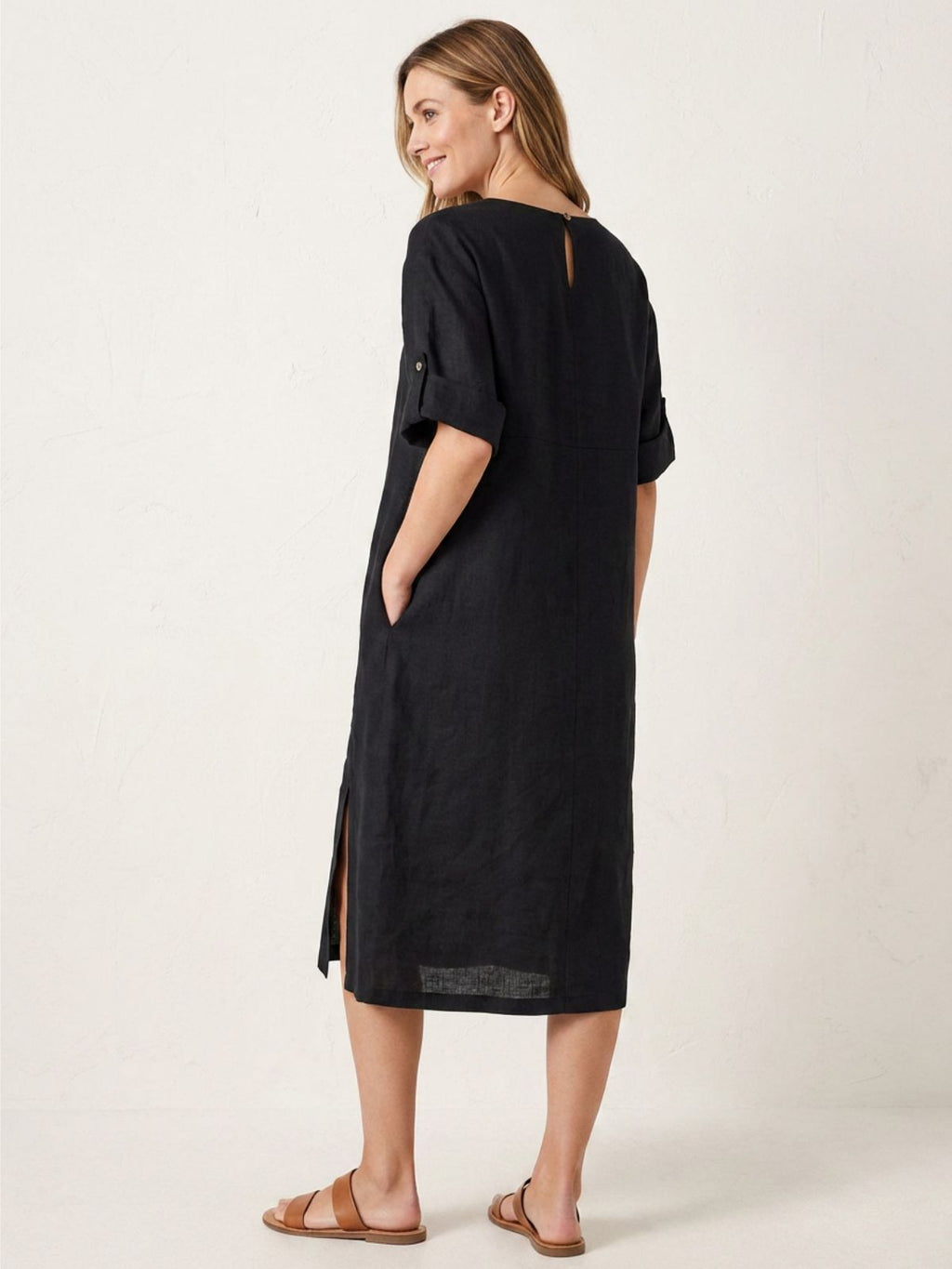 GRACE Women's Linen Midi Dress with Button Detail and Roll-Tab Sleeves