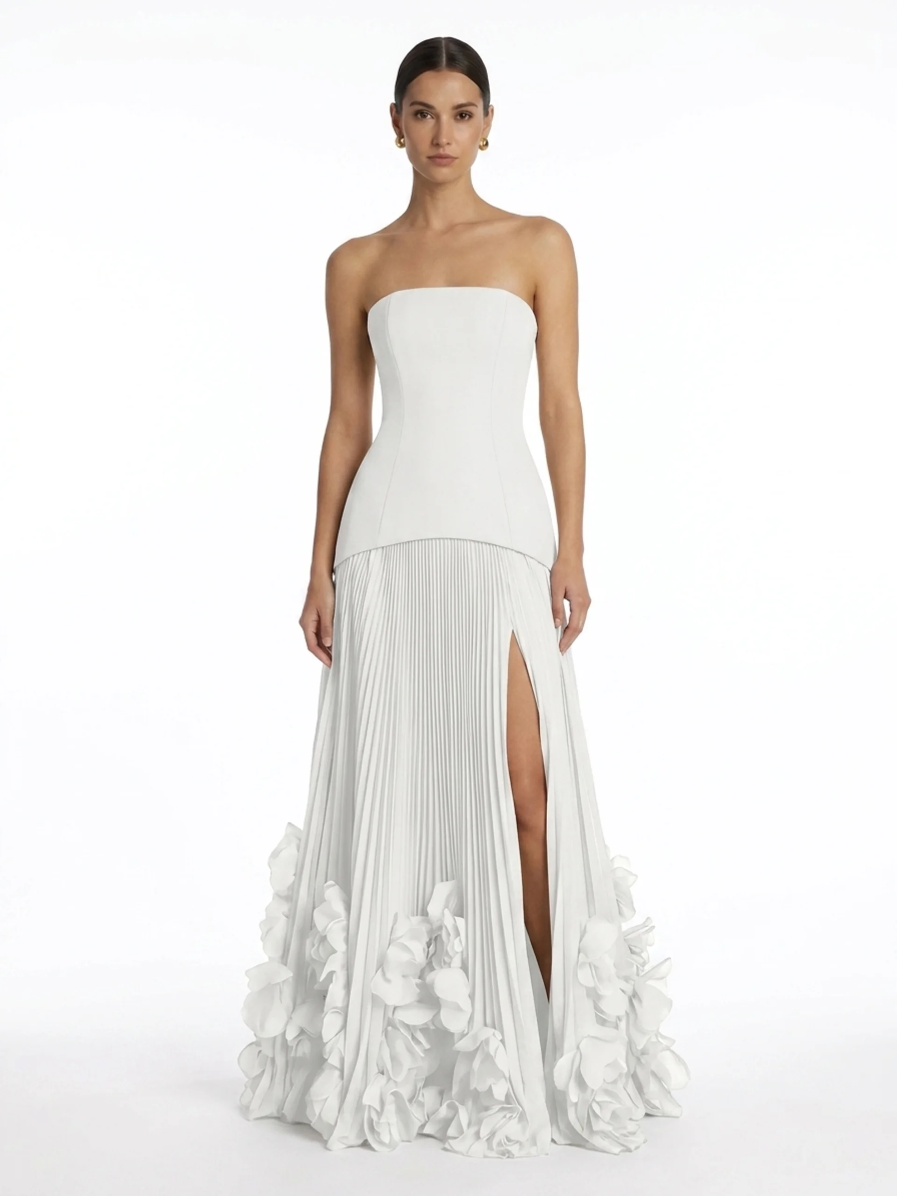 AUBREY Women's Strapless Pleated Maxi Dress with 3D Floral Hem