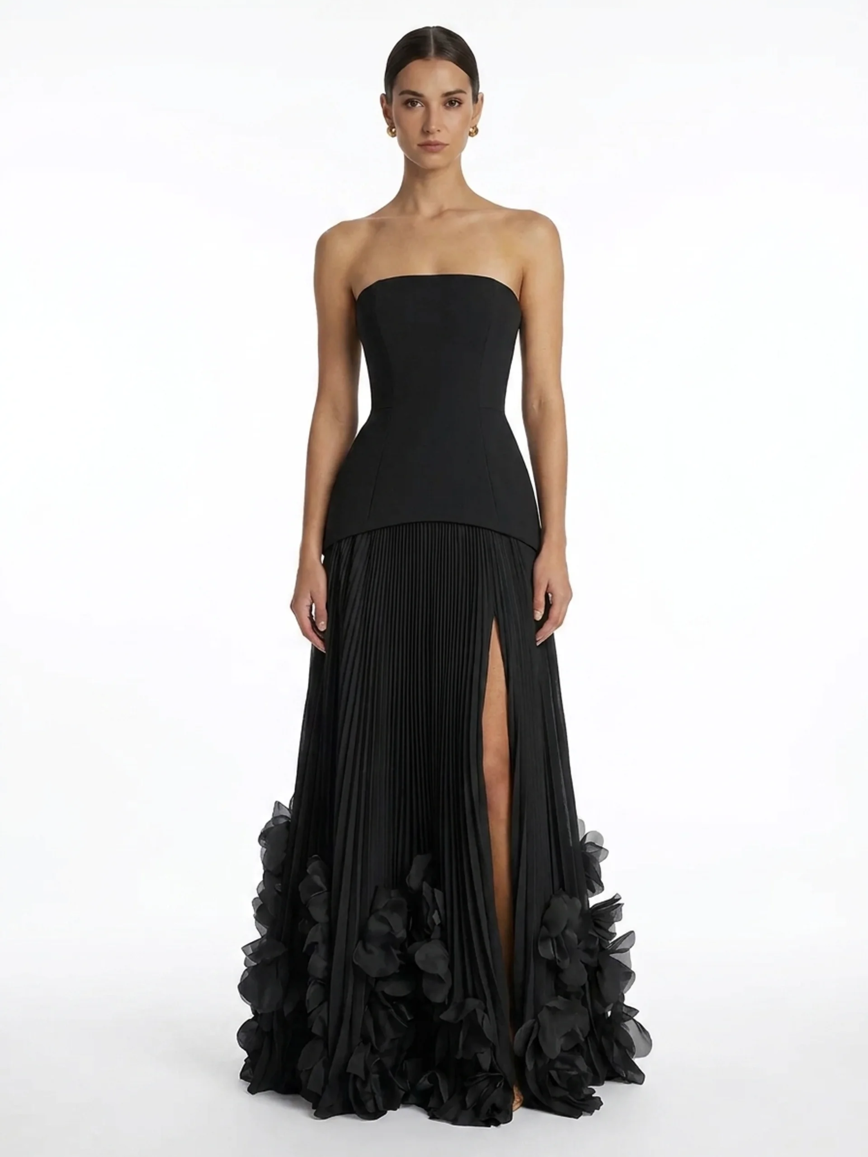 AUBREY Women's Strapless Pleated Maxi Dress with 3D Floral Hem