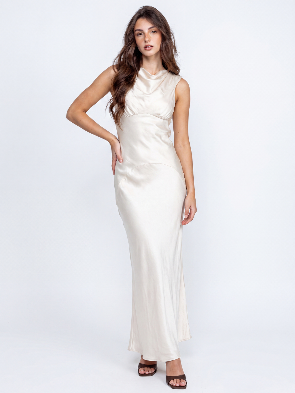 HANA Women's Cowl Neck Open-Back Satin Maxi Dress