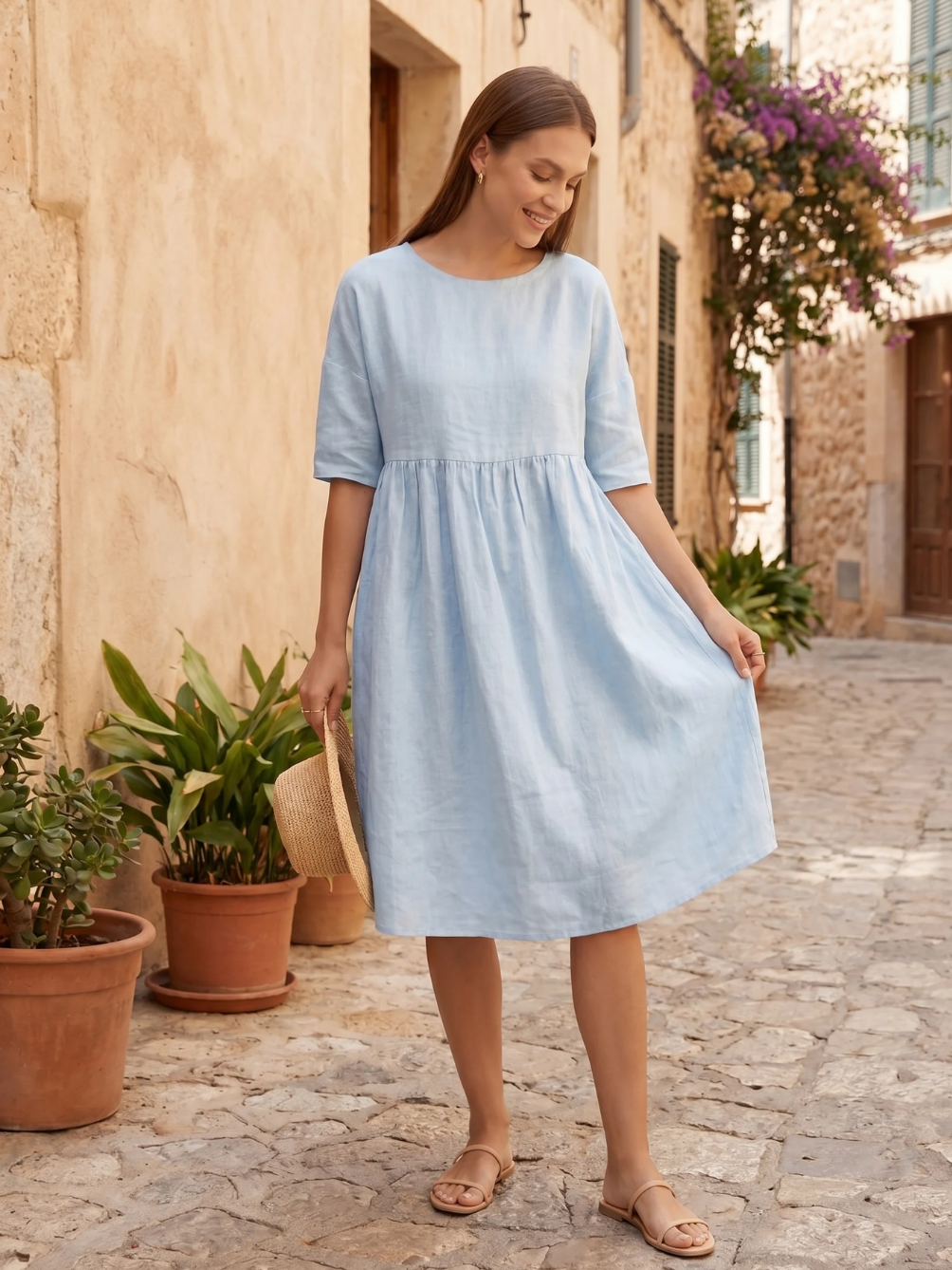 JULIETTE Women's Three-Quarter Sleeve Linen A-Line Midi Dress with Pockets