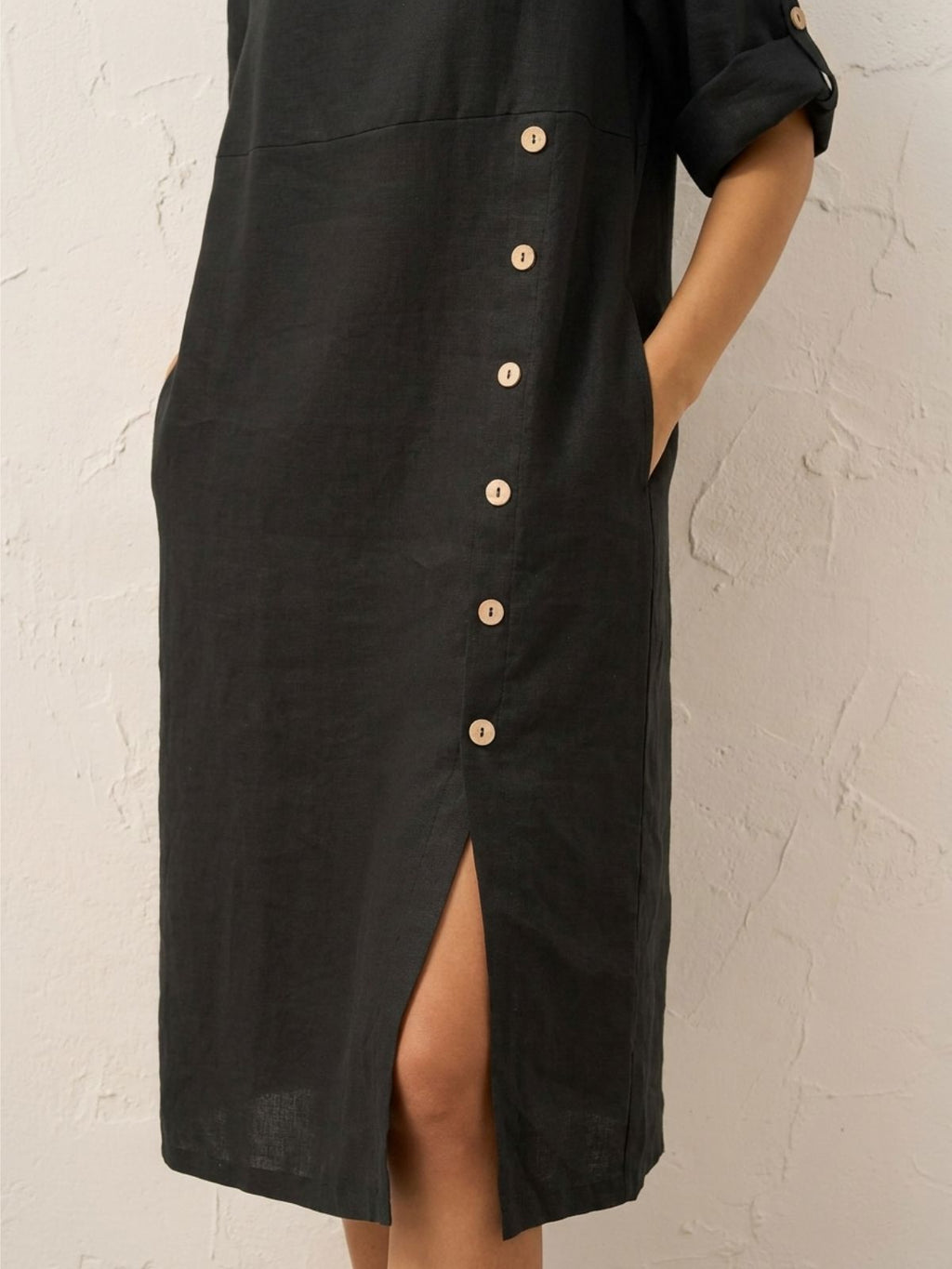 GRACE Women's Linen Midi Dress with Button Detail and Roll-Tab Sleeves