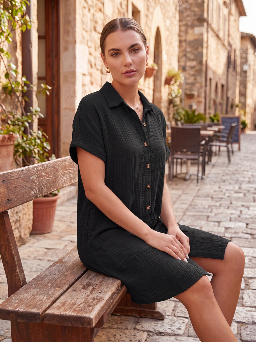 MAEVE Women's Short-Sleeve Linen Button-Down Shirt Dress with Pockets