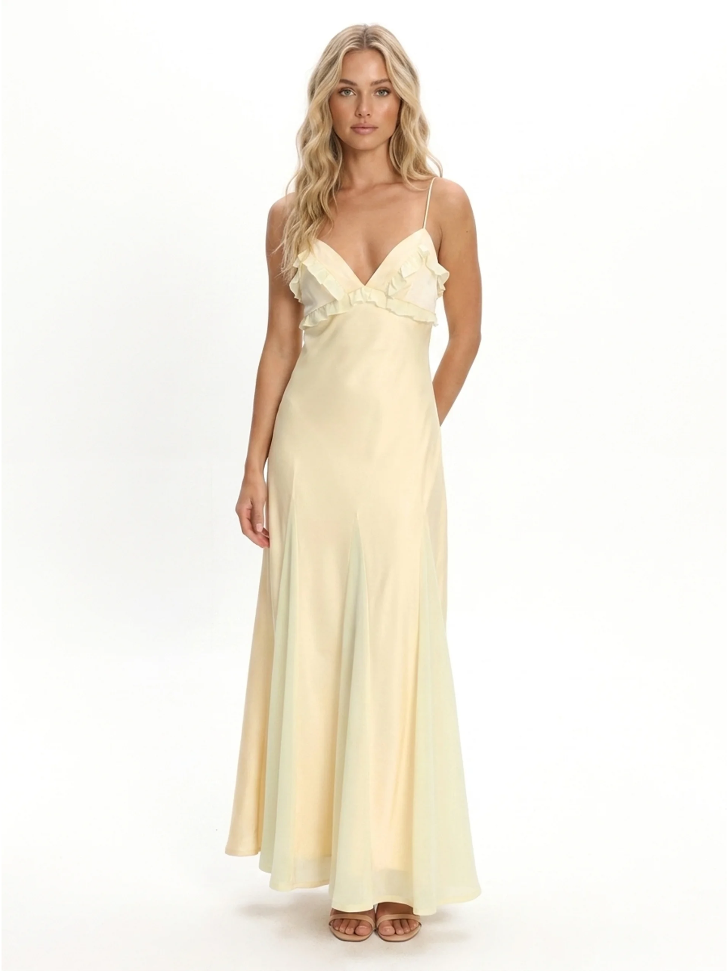 ASTRID Women's Frill-Trim V-Neck Godet Maxi Slip Dress