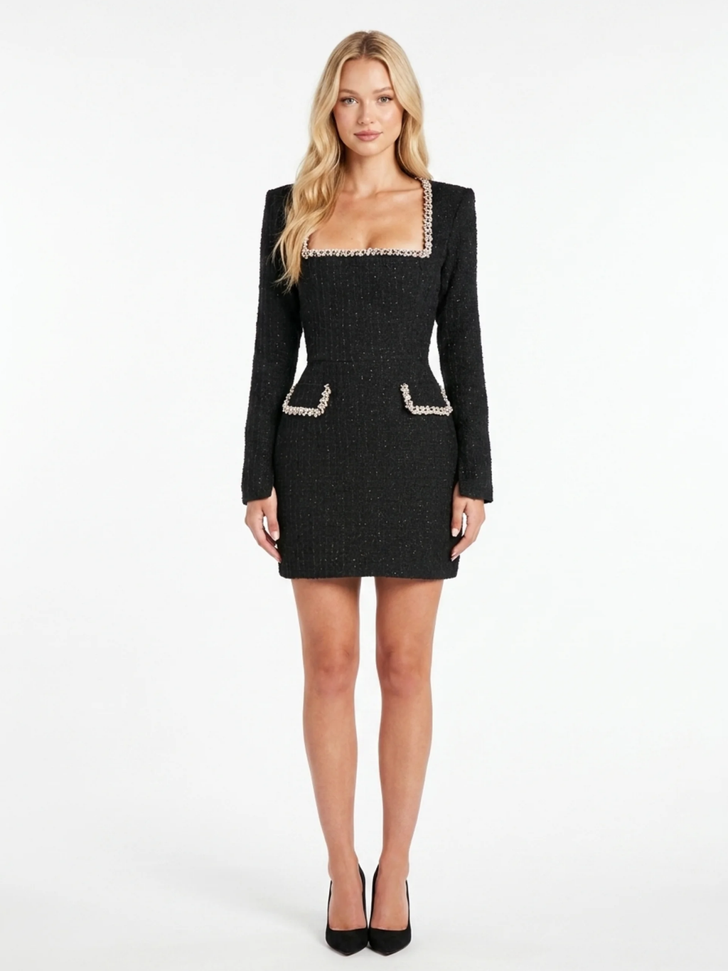ELEANOR Women's Tweed Pearl-Trim Long-Sleeve Mini Dress