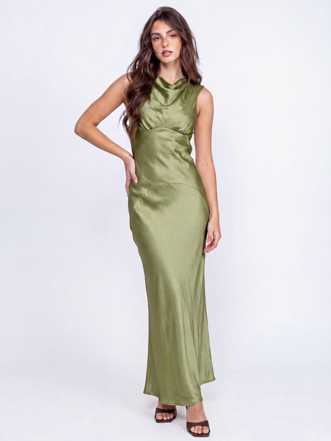 HANA Women's Cowl Neck Open-Back Satin Maxi Dress