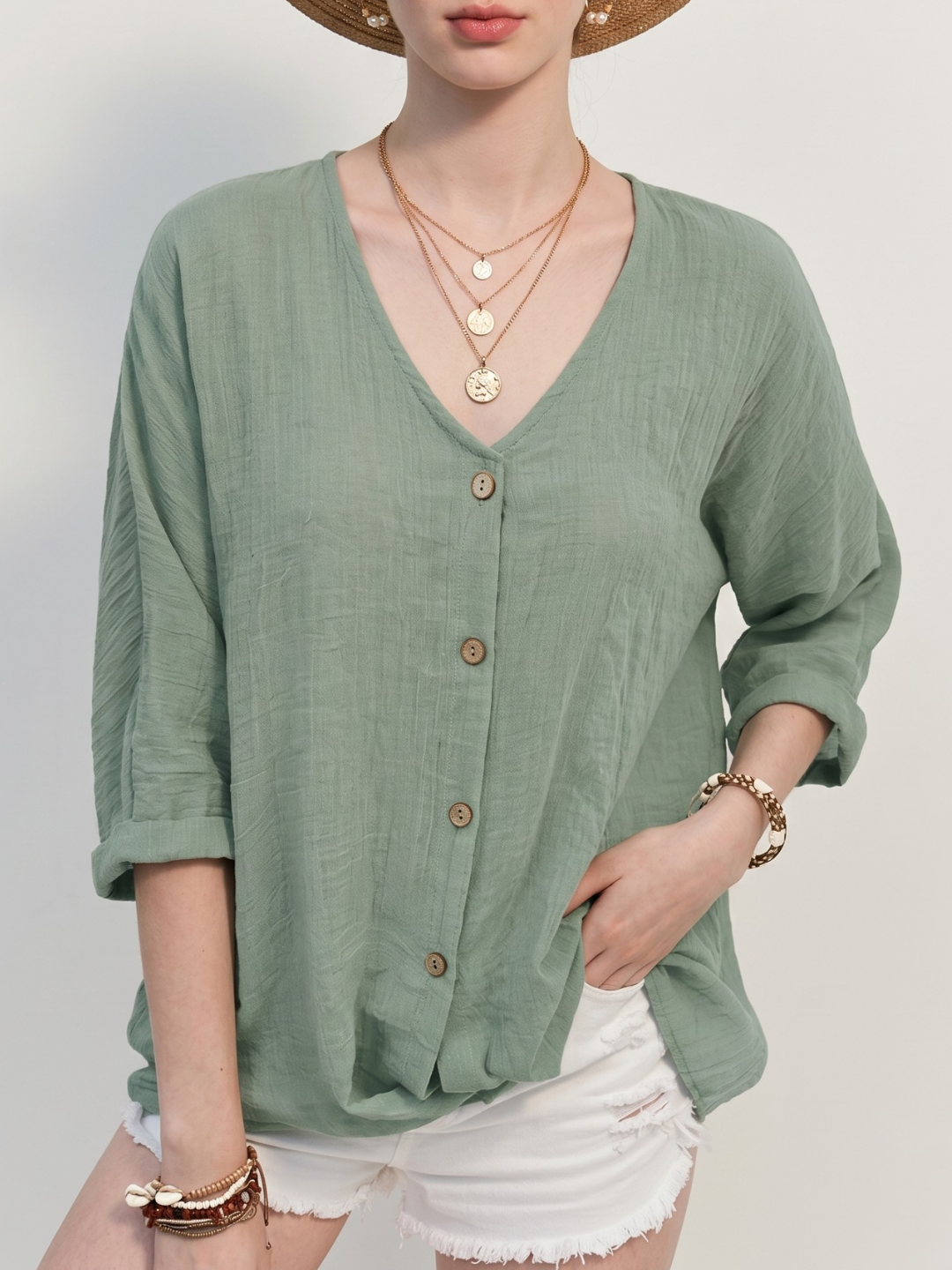 FREYA Women's Relaxed V-Neck Button-Up Linen Blouse