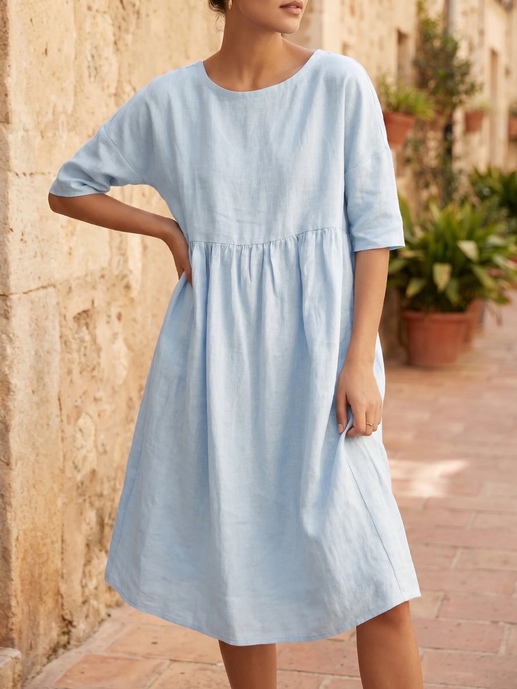 JULIETTE Women's Three-Quarter Sleeve Linen A-Line Midi Dress with Pockets