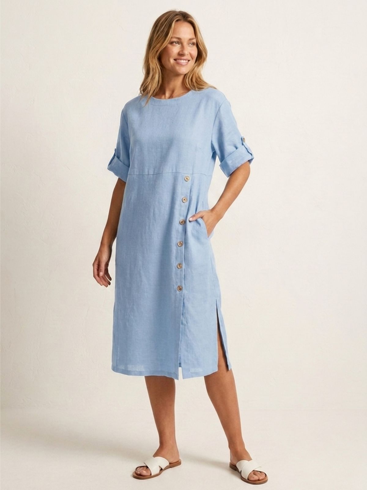 GRACE Women's Linen Midi Dress with Button Detail and Roll-Tab Sleeves